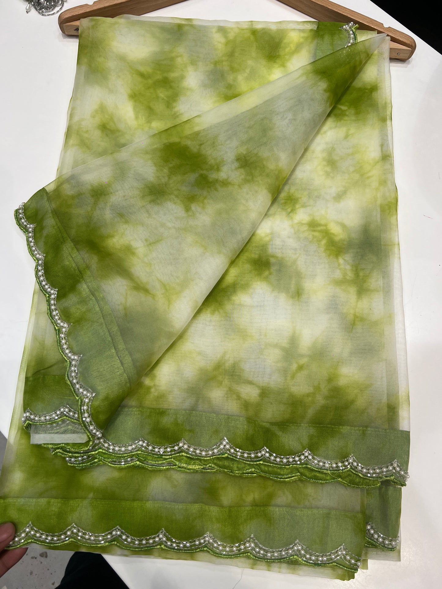 Green Tie and Dye saree with ready blouse 4321