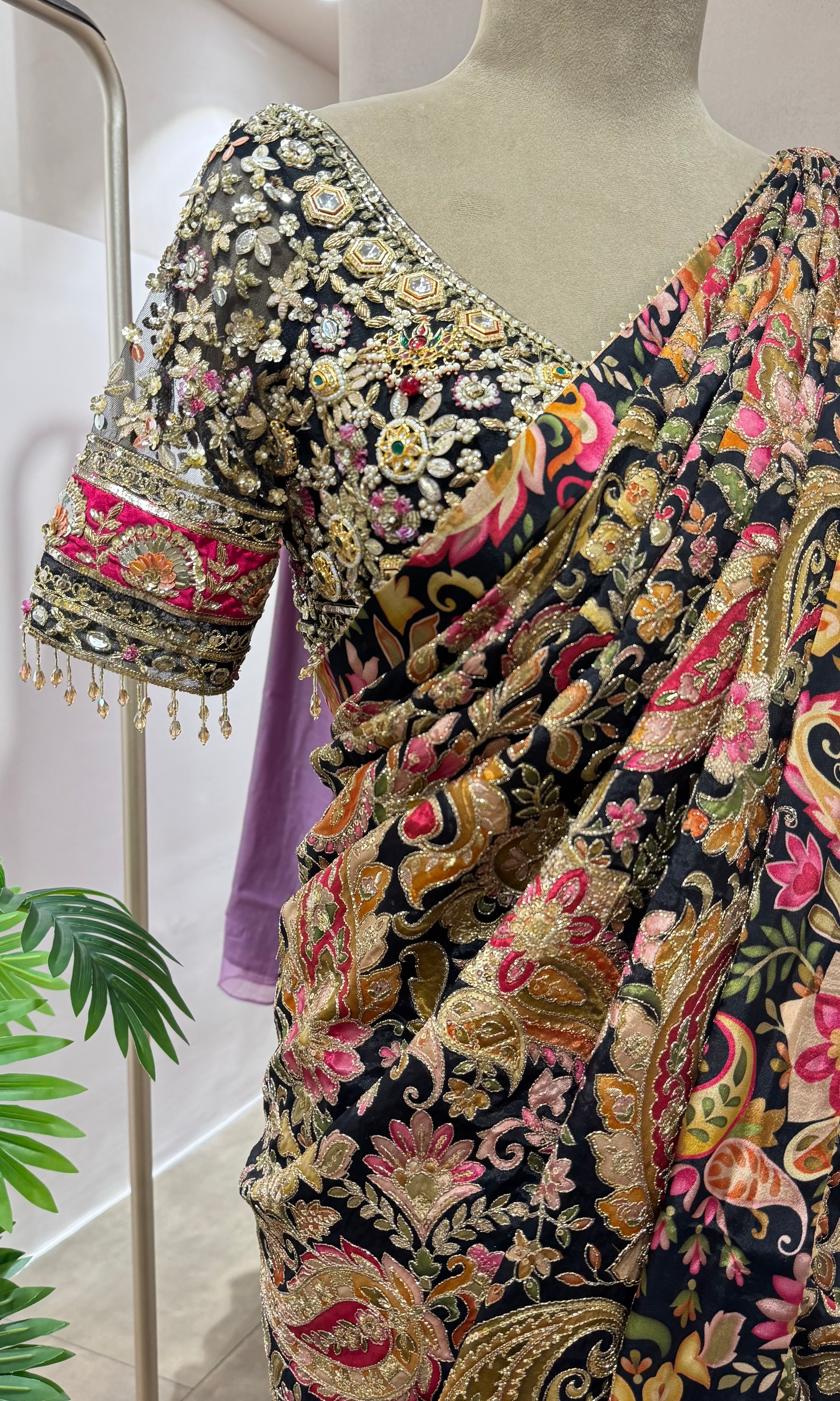 DESIGNER BLACK PAISLEY WORK SAREE WITH BLOUSE