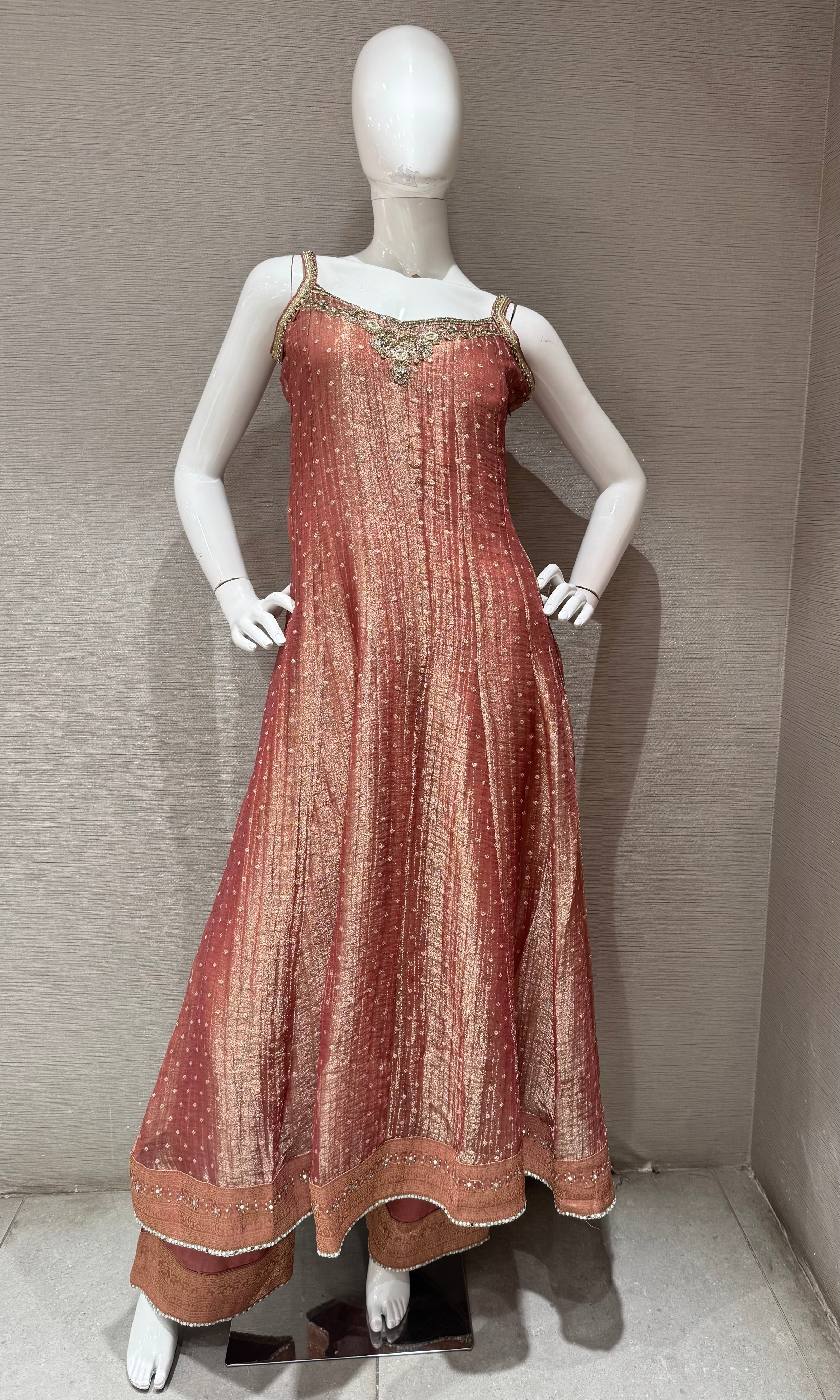 Peach Pink Shimmer Anarkali Set with Dupatta