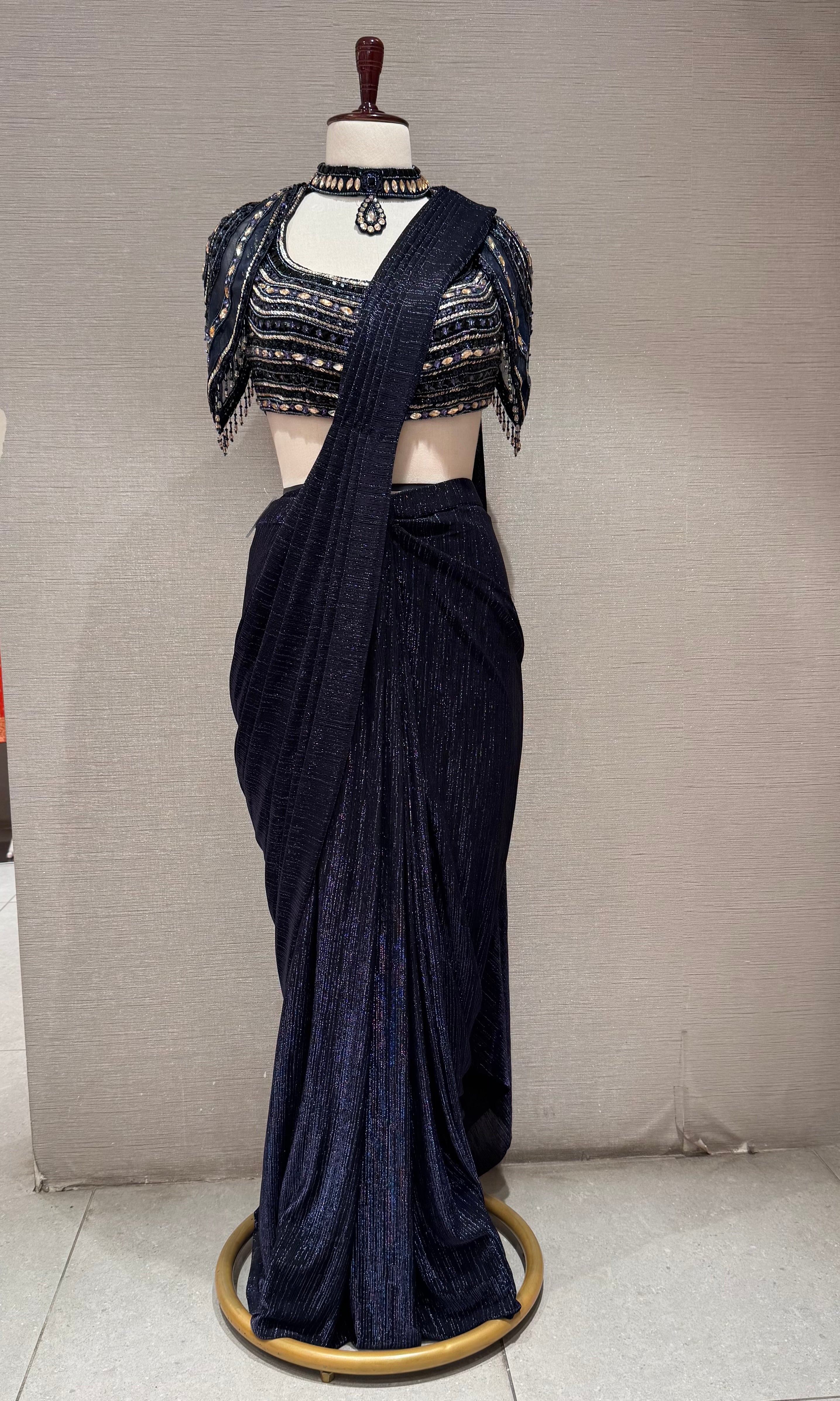 Blue Shimmer Saree and Silver Beaded Blouse Set