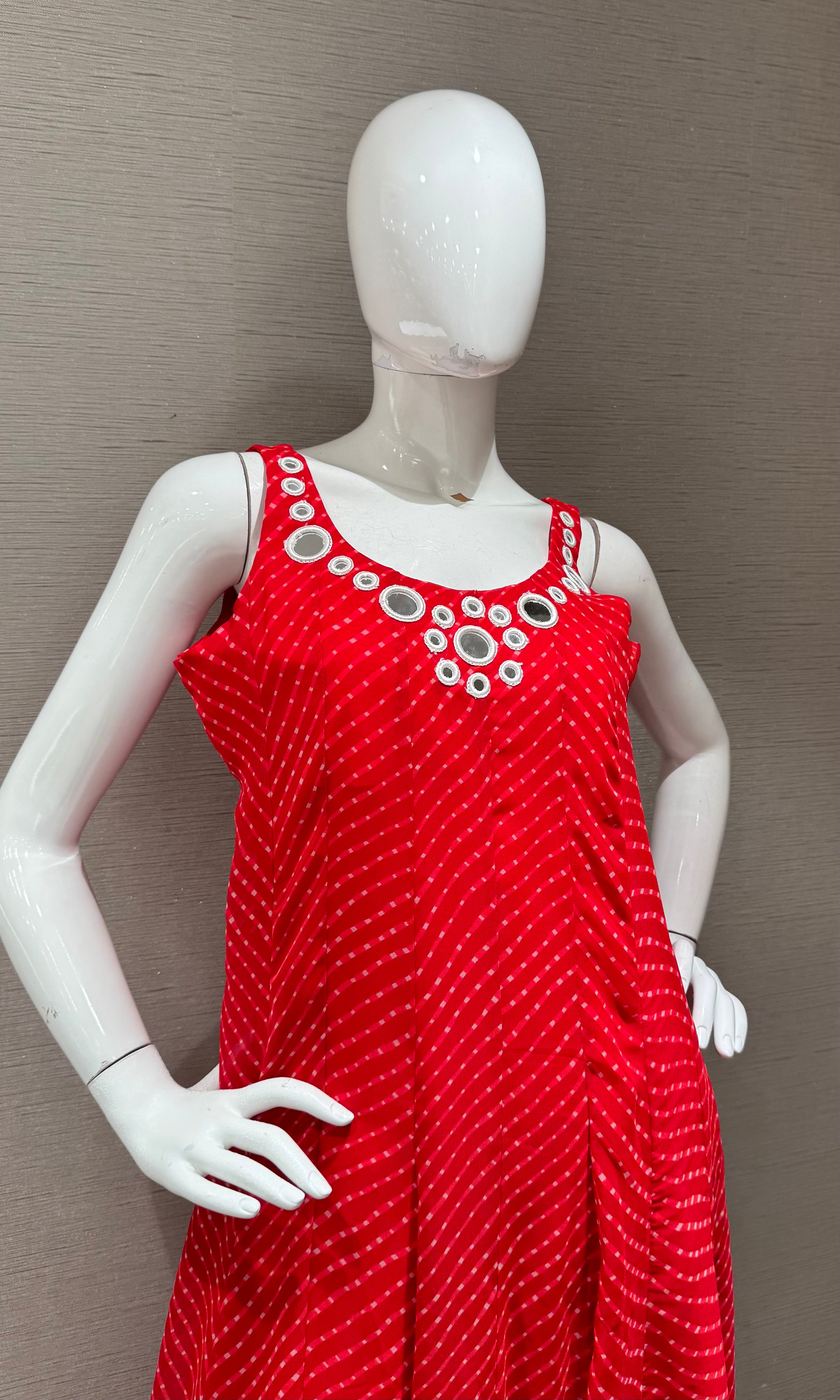 Red bandhani print and intricate mirror anarkali set