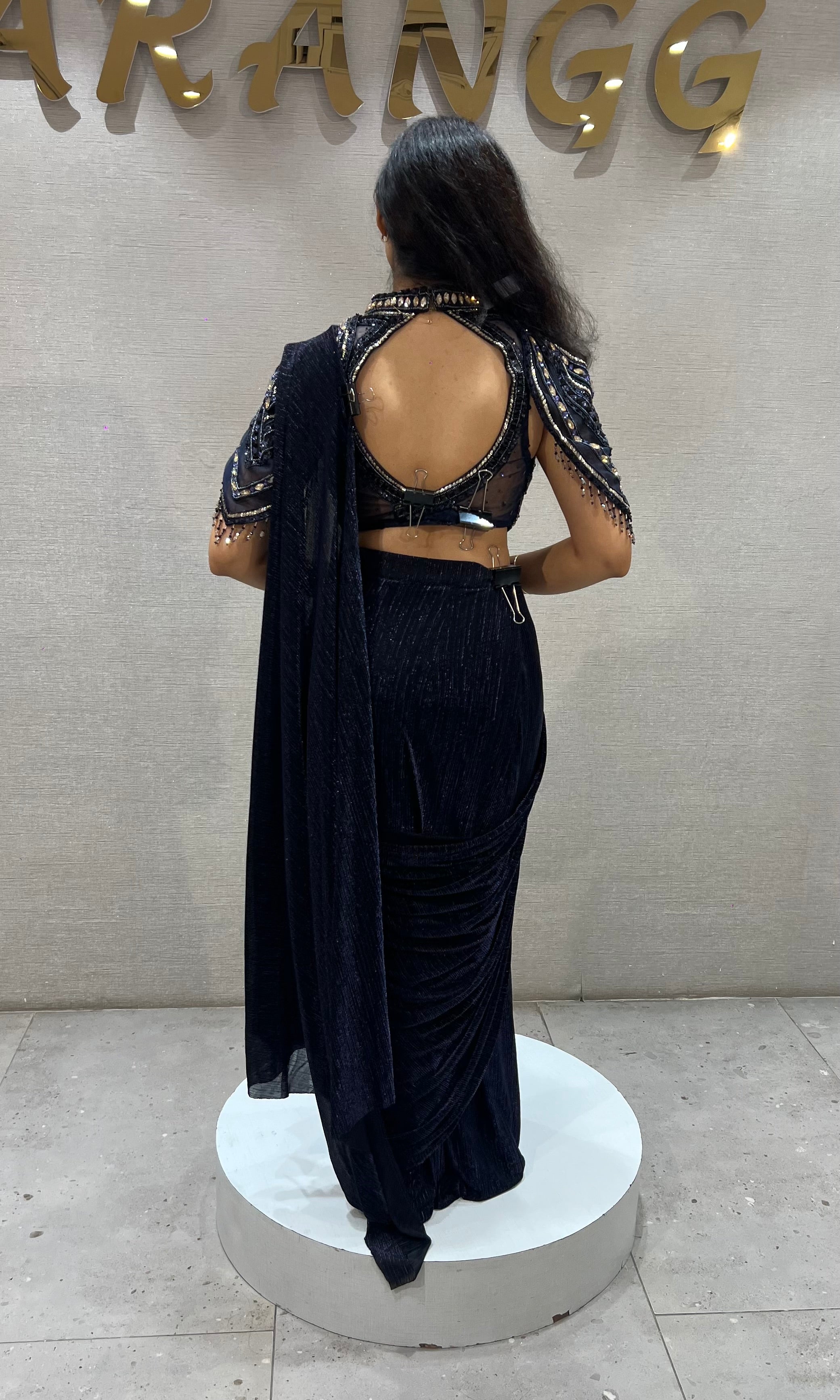 Blue Shimmer Drape Saree with Embroidered Blouse