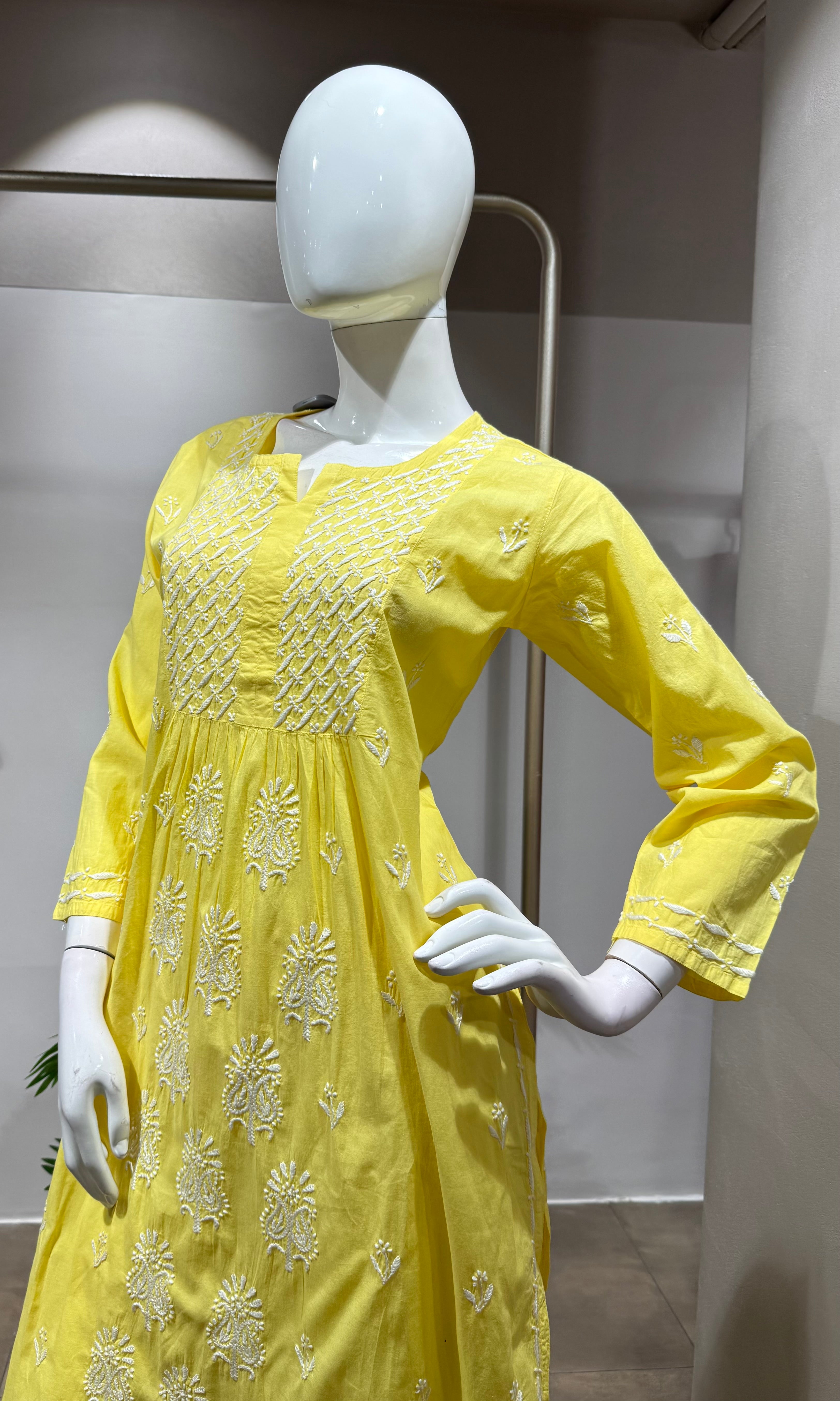 Yellow Chikankari Embroidered Kurti Set