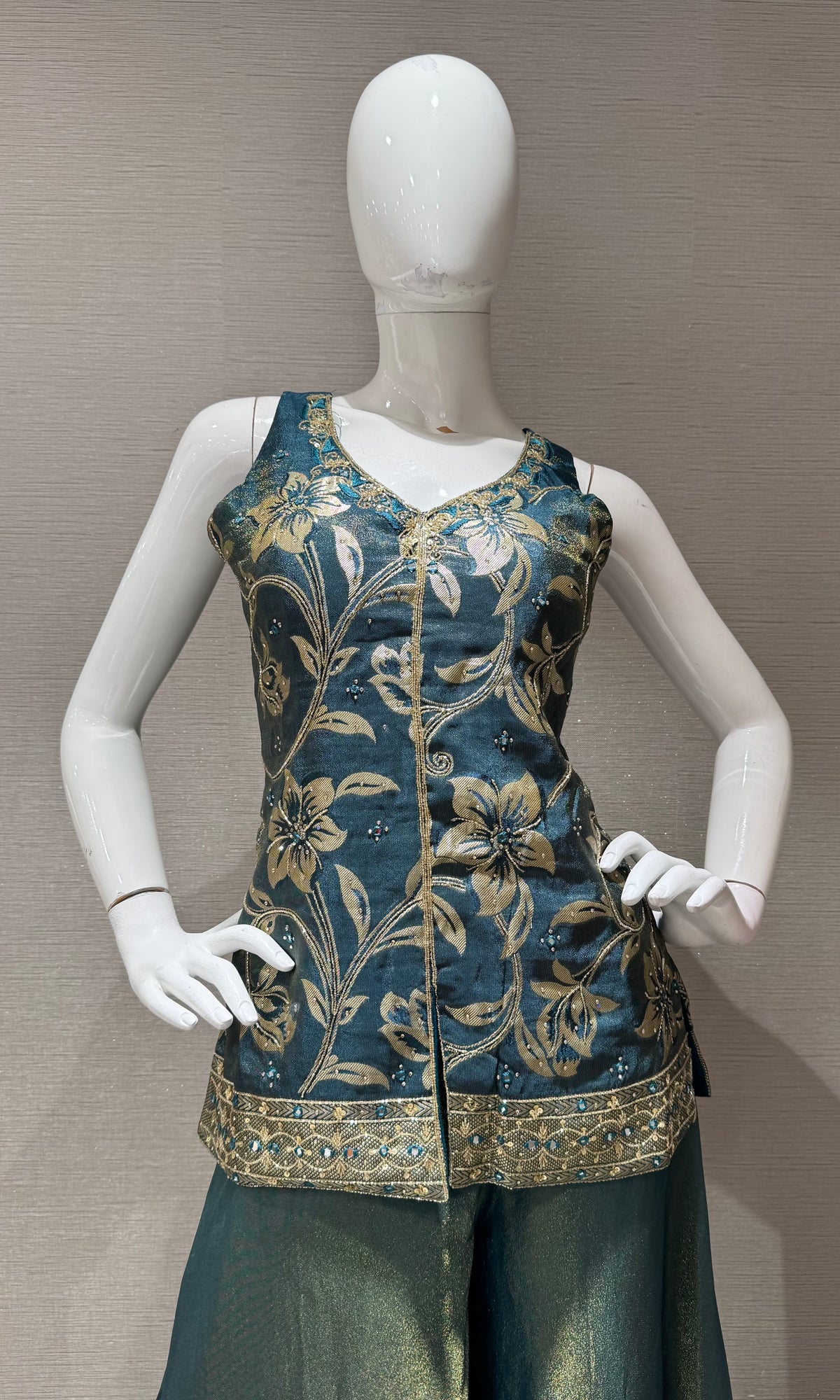 Peacock Blue and Gold Tissue Embroidered Palazzo set