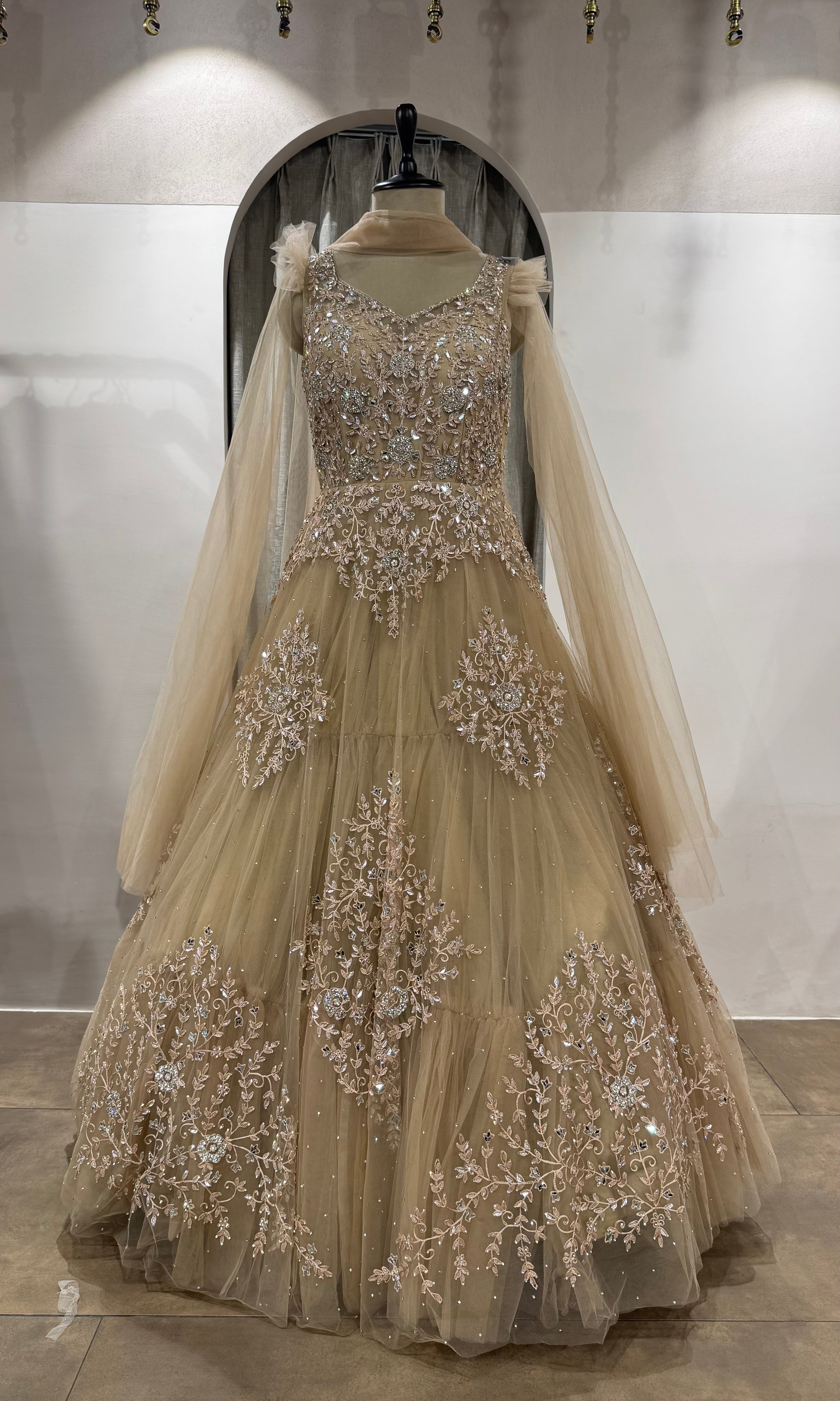 Gold Flared Gown with Cape