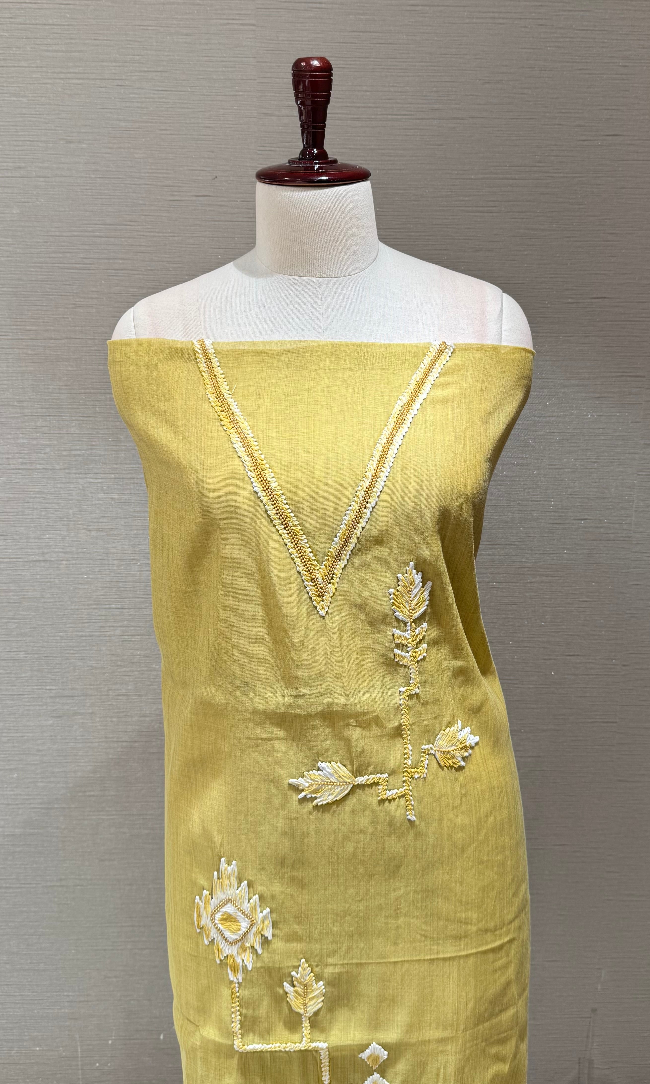 Olive green Dress Material with Geometric Embroidery