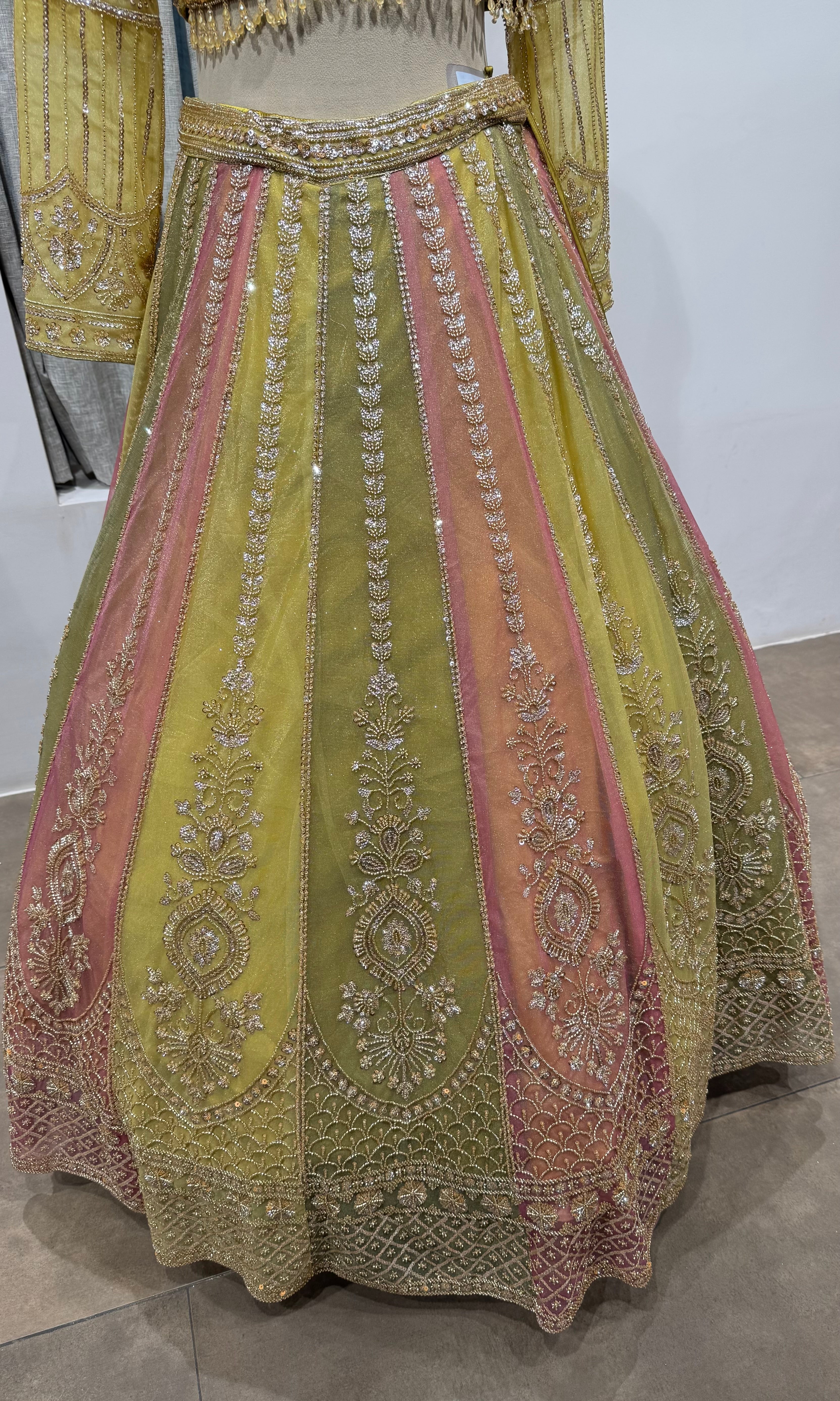 Lime Green & Blush Pink Embroidered Lehenga Set