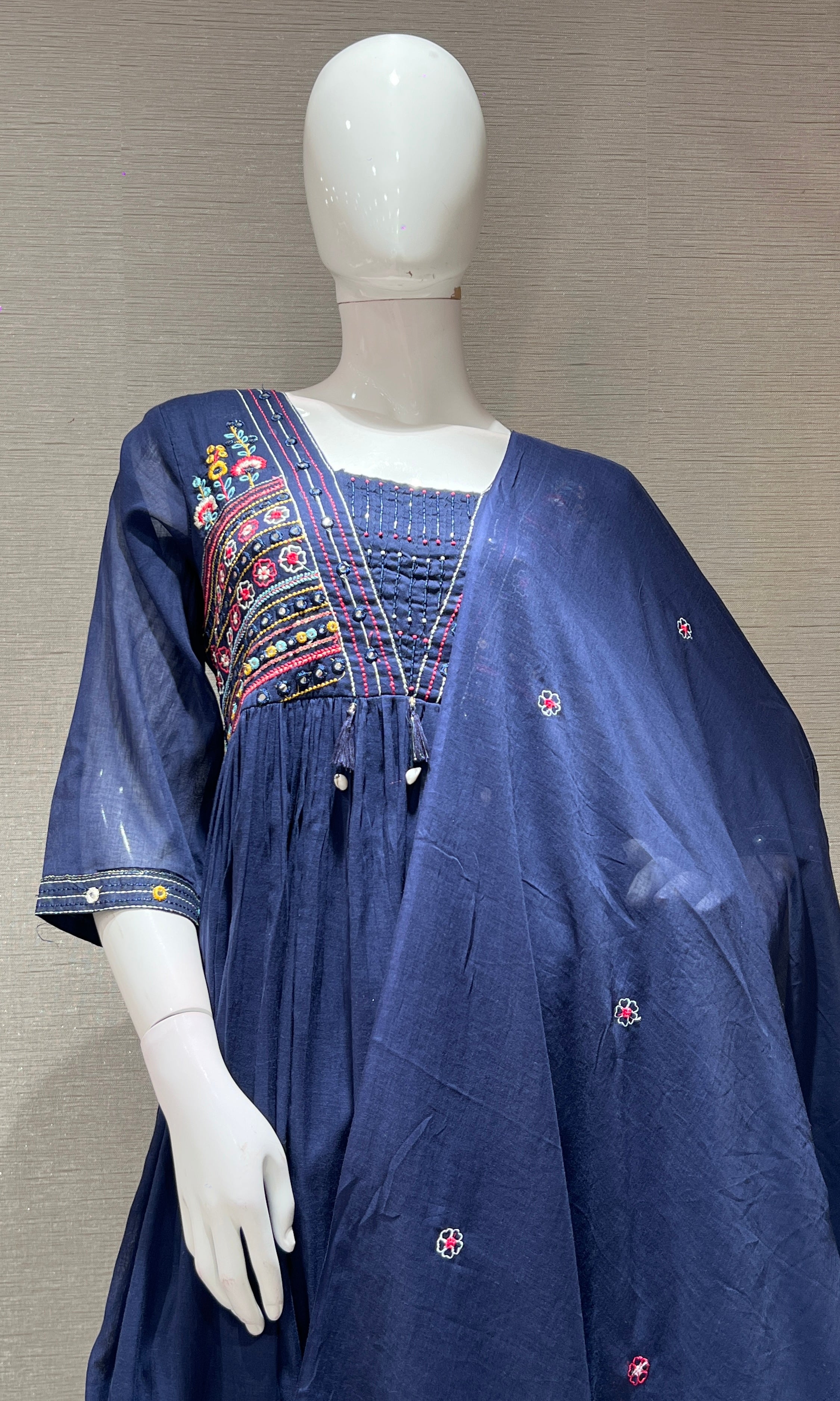 blue embroidered A LINE KURTA set