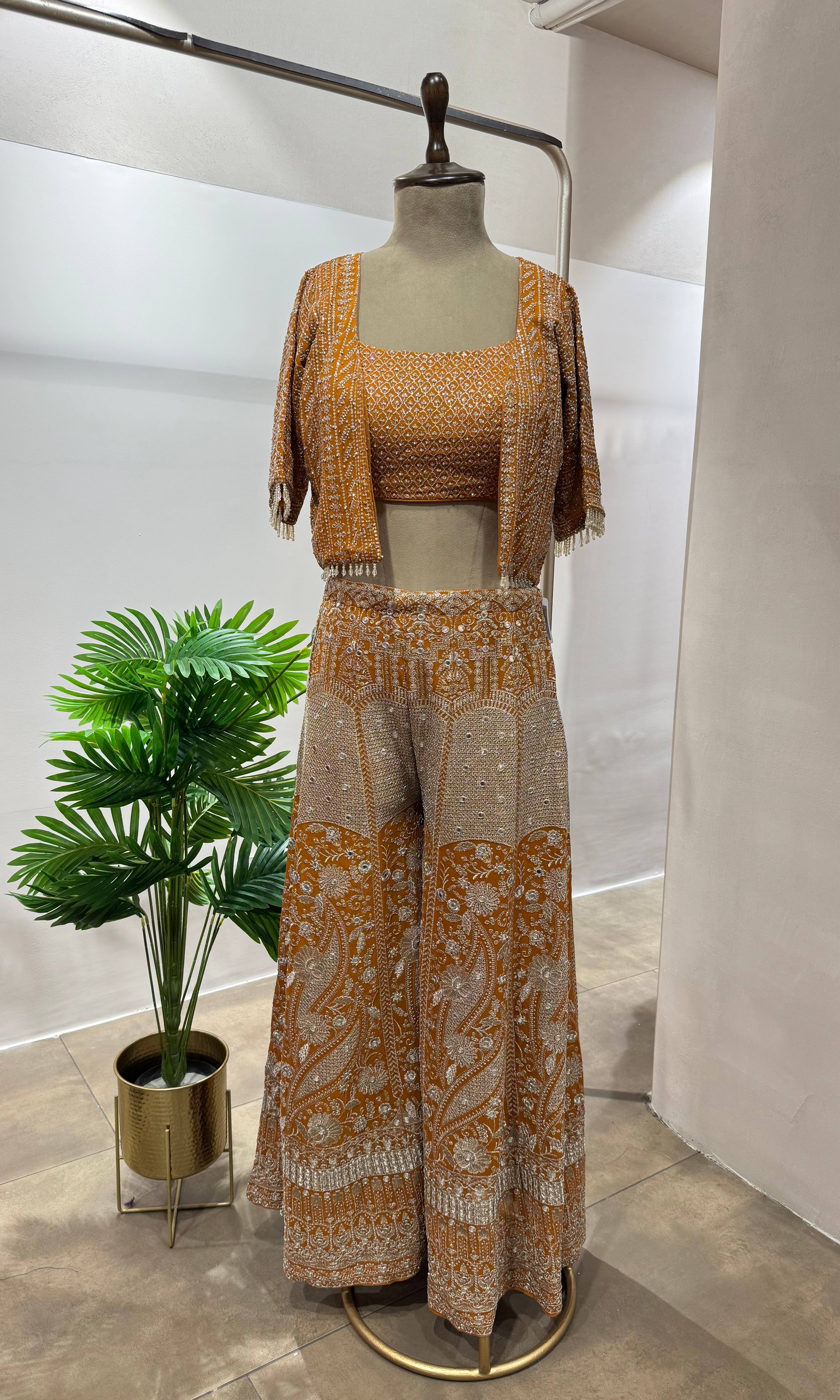 Rust EMBELLISHED PALAZZO SET WITH JACKET