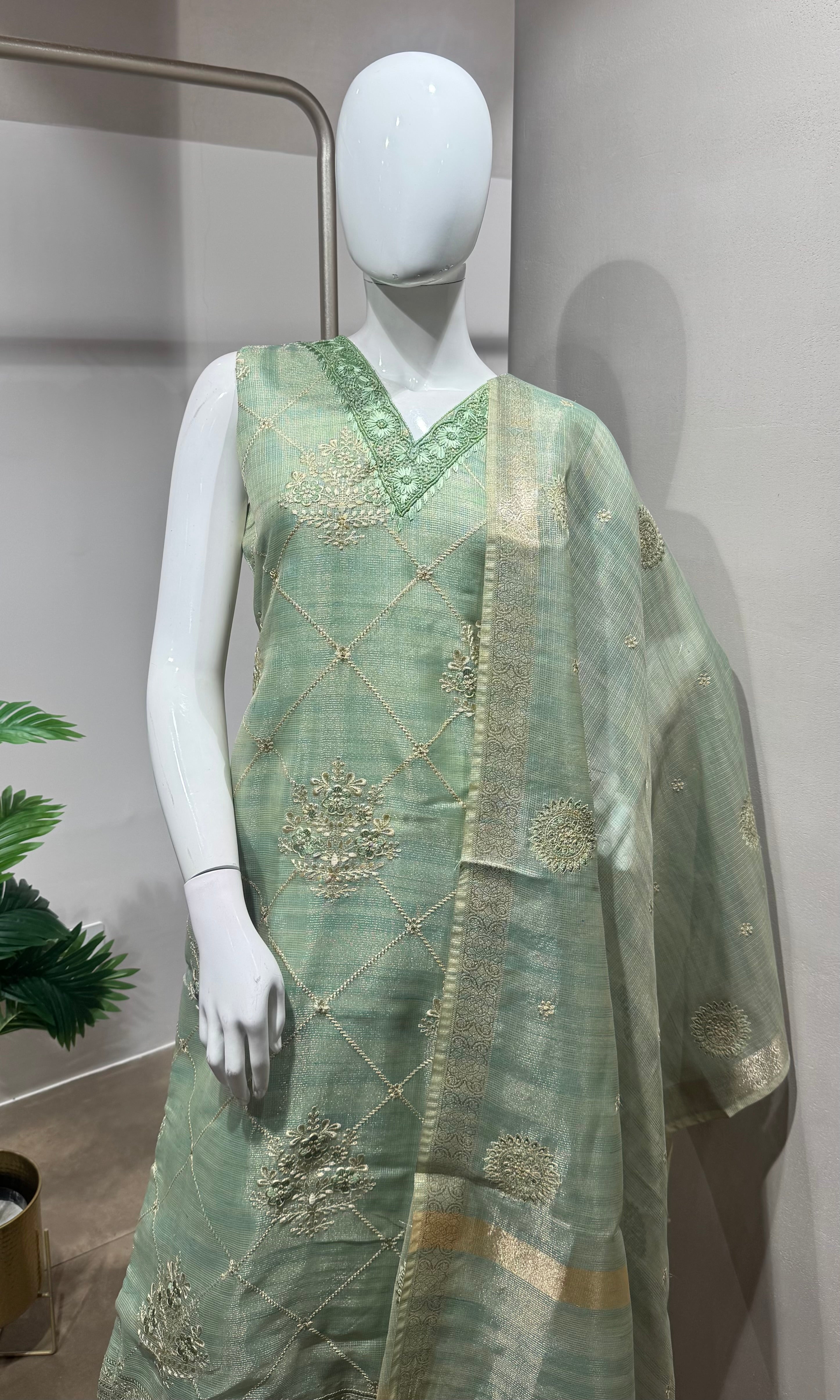 pista Green Embroidered Kurta Set