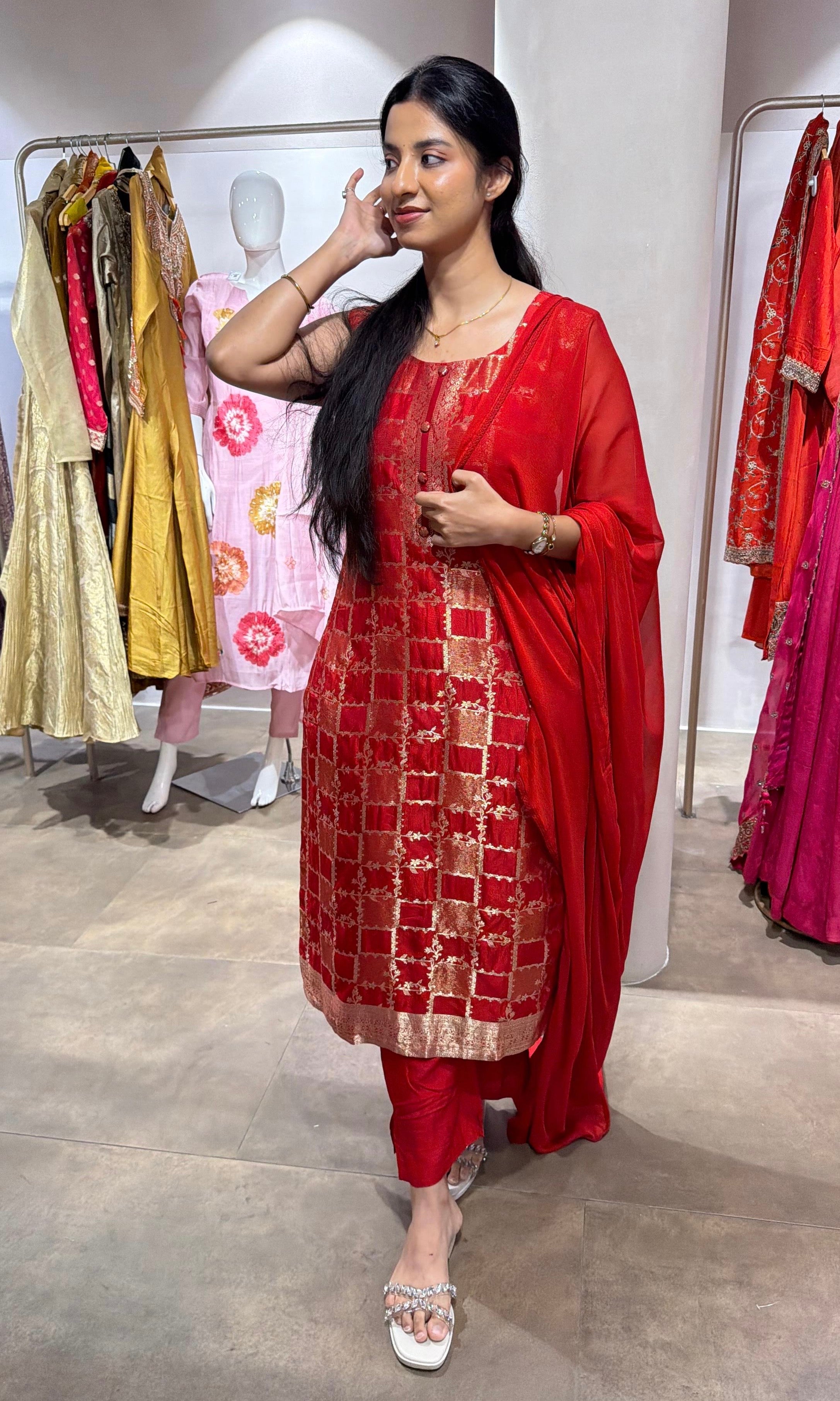 red Silk Embroidered Zari Kurta Set