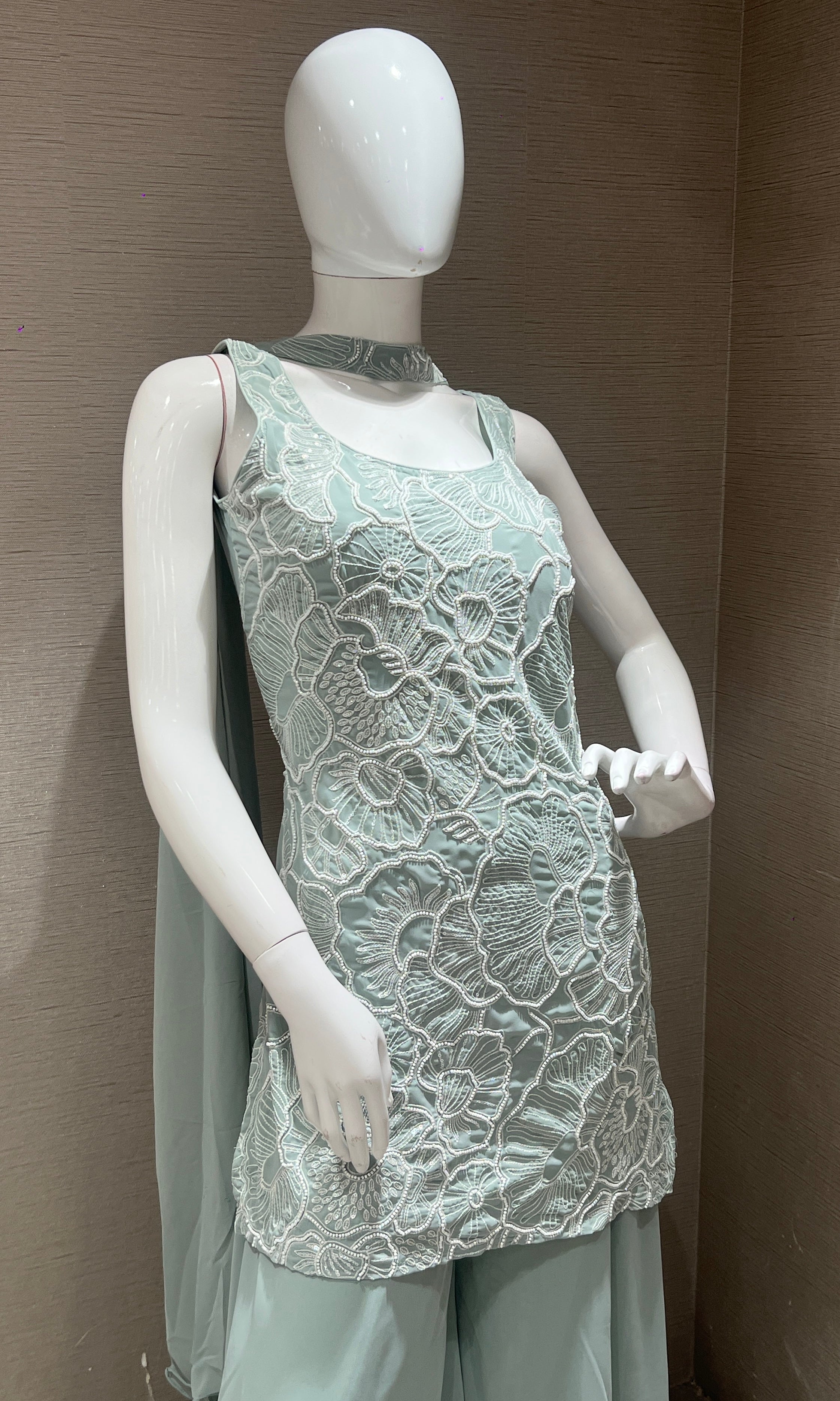 Pista green palazzo with floral embroidery