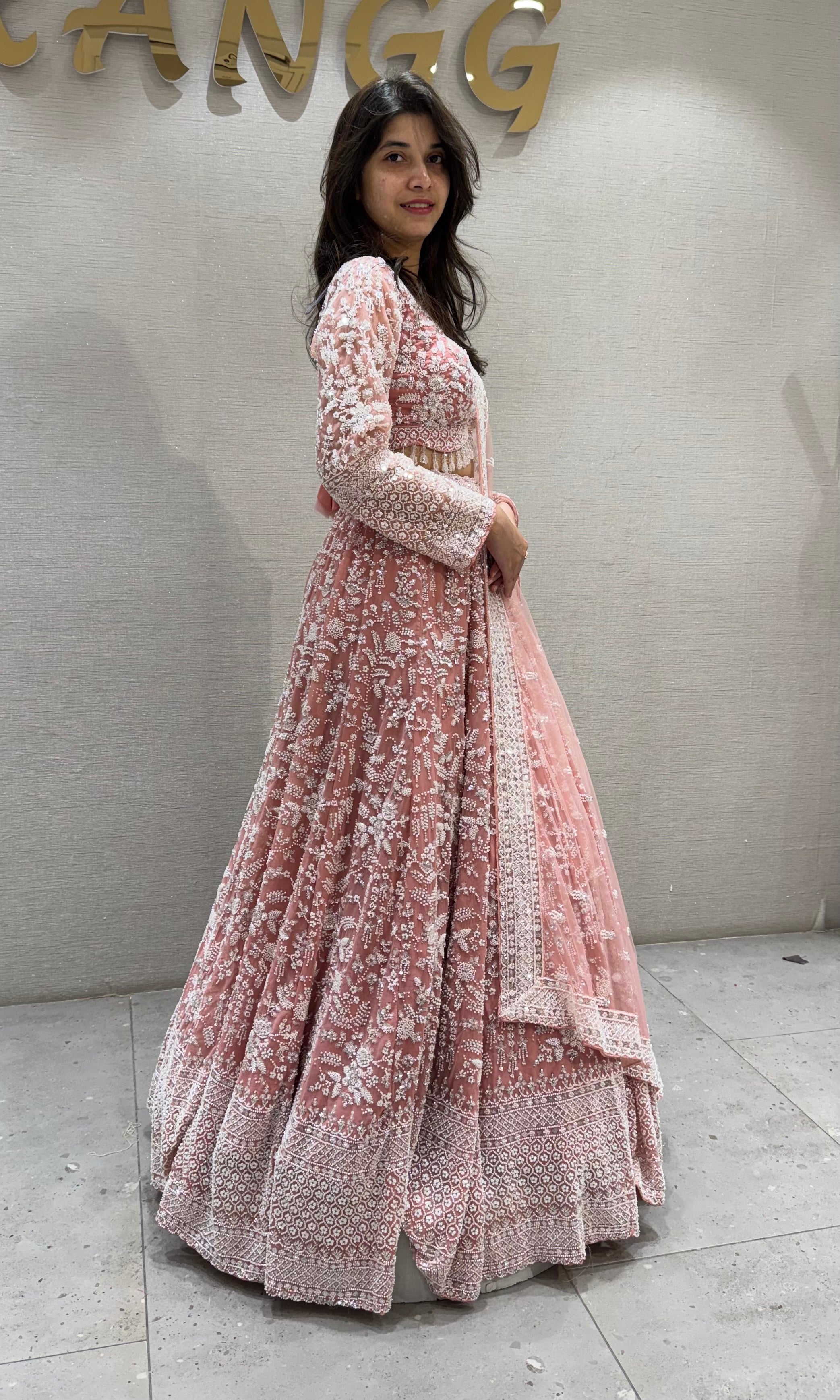 PEACH Net Lehenga with Intricate Sequins