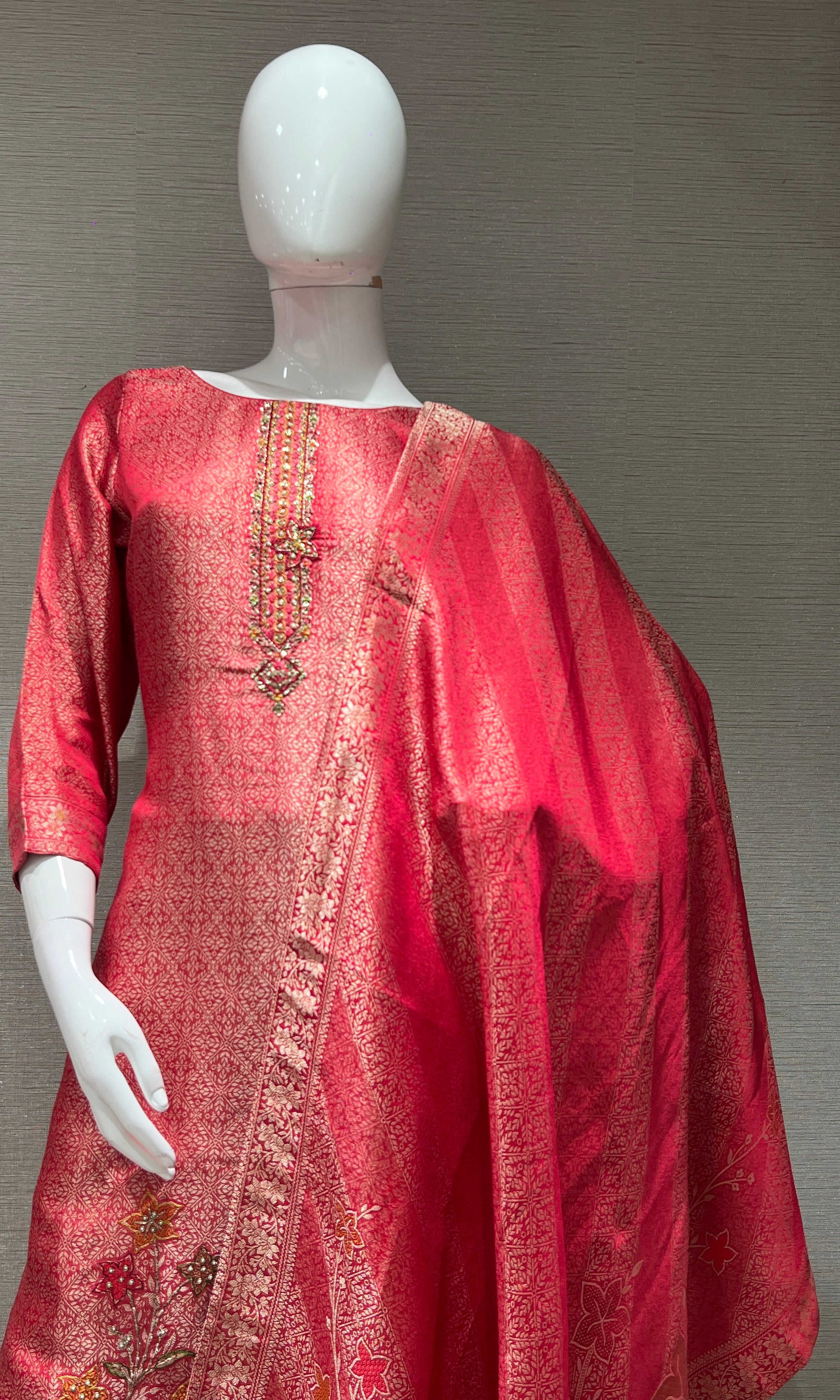 Rani Pink tissue silk Embellished Kurta Set