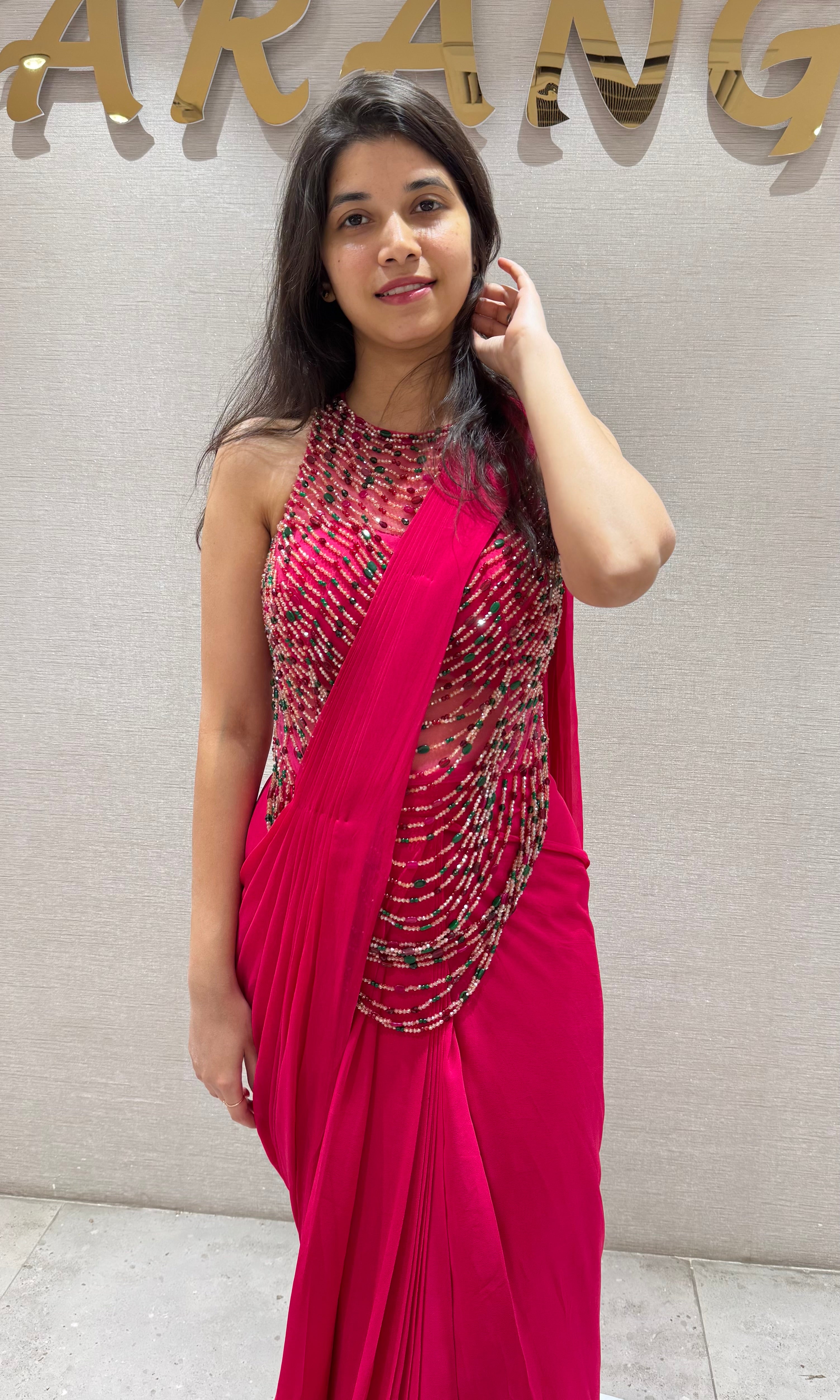 Pink DRAPE SAREE WITH HALTER BLOUSE