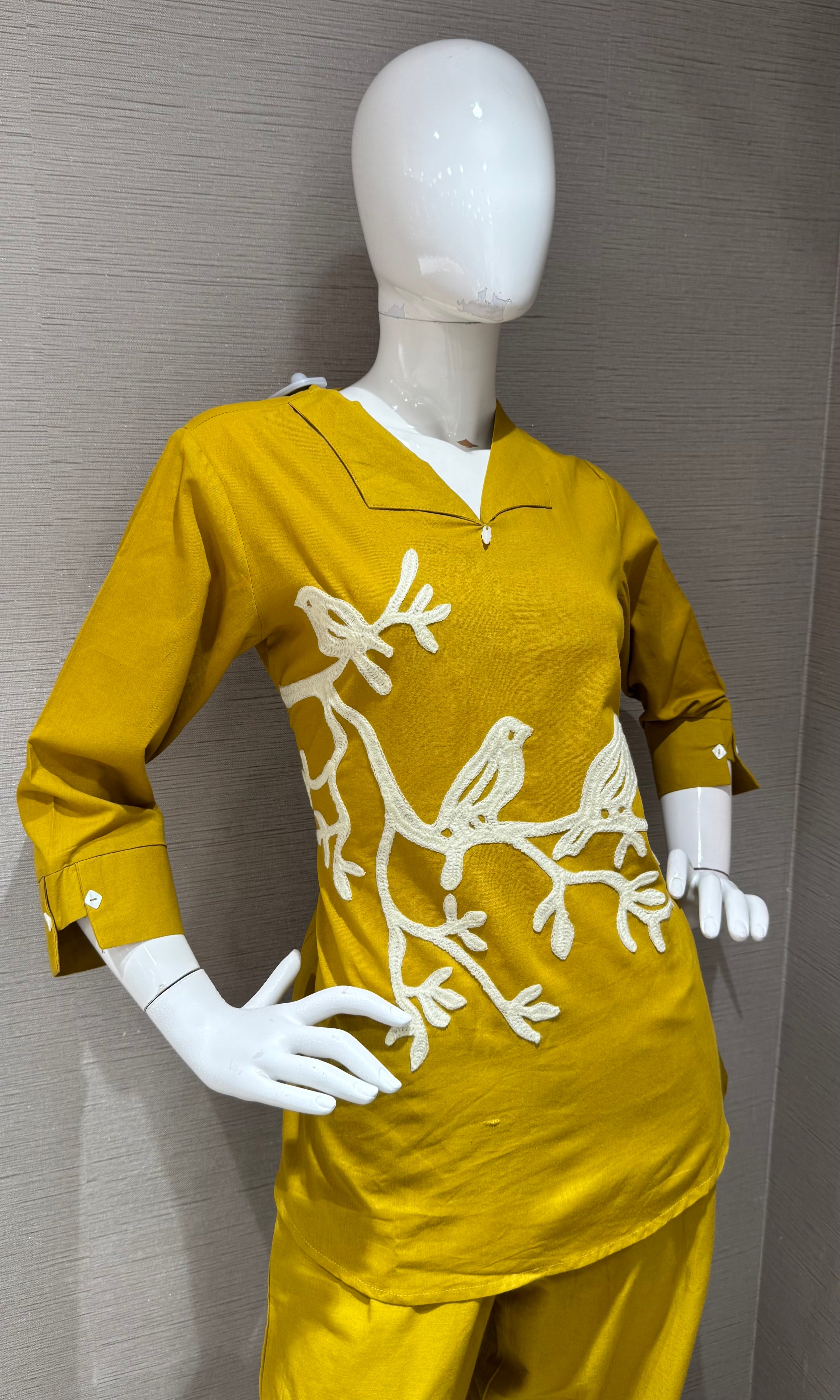 MUSTARD Yellow Bird Embroidered Cord Set