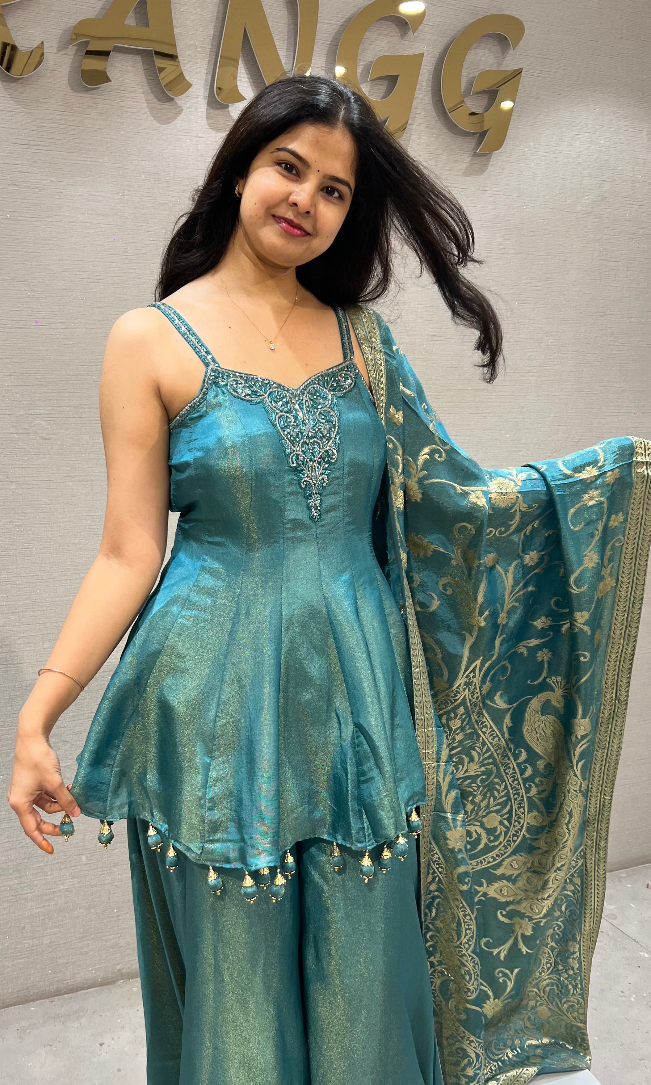 Blue ethnic Silk Blend Shimmer Peplum Palazzo set