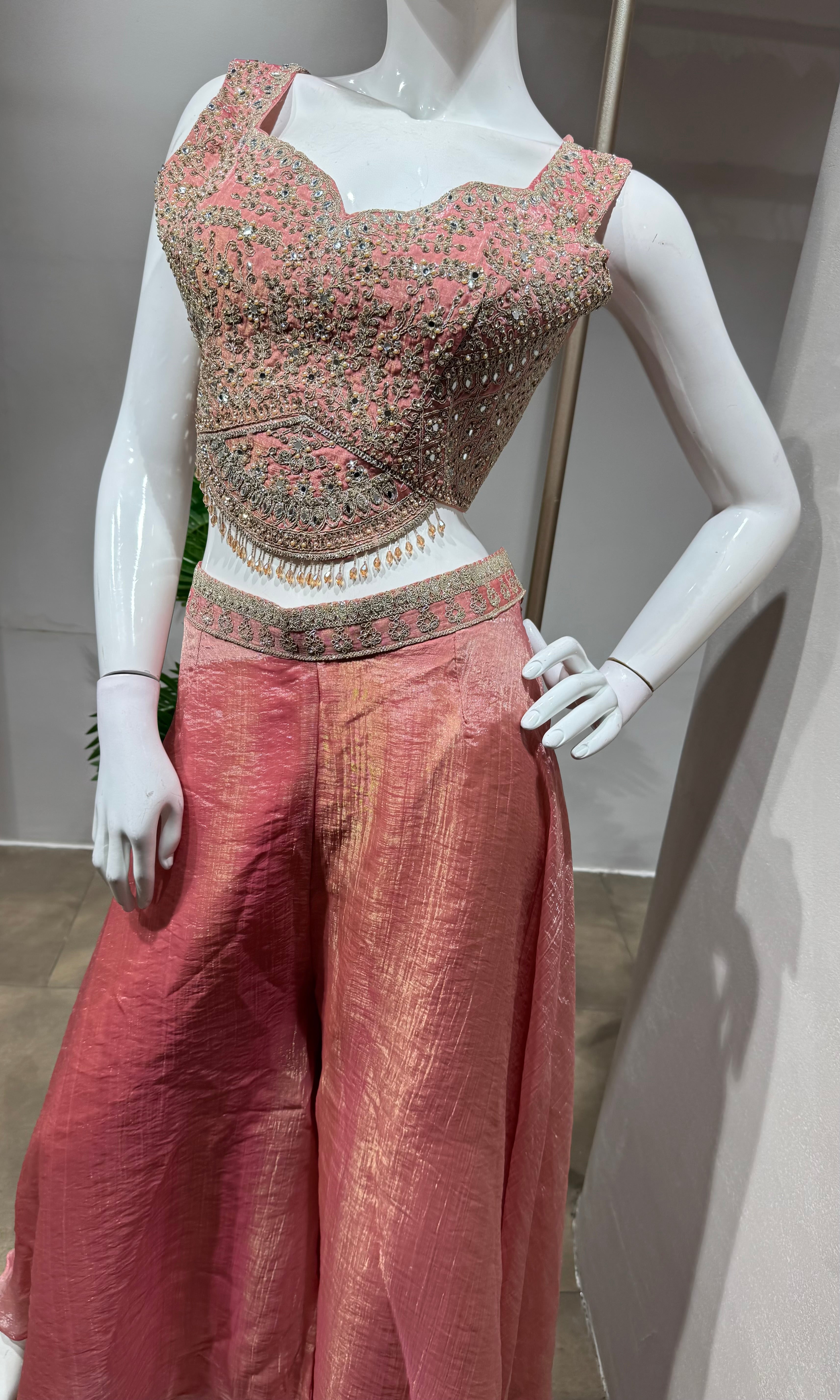 Rose Pink Jacquard Jacket Palazzo Set