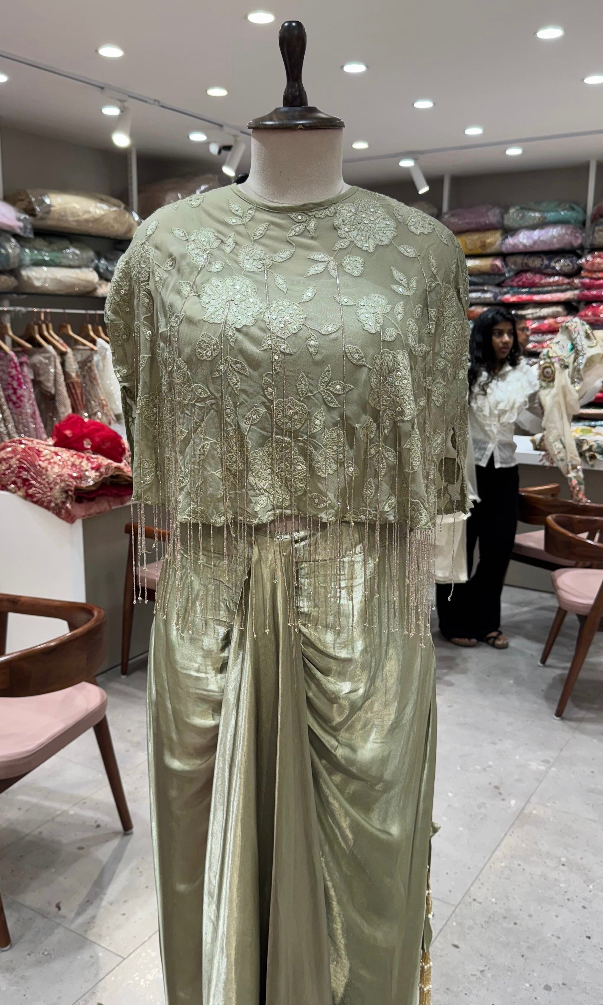 green Drape Gown With Floral Embroidered Cape