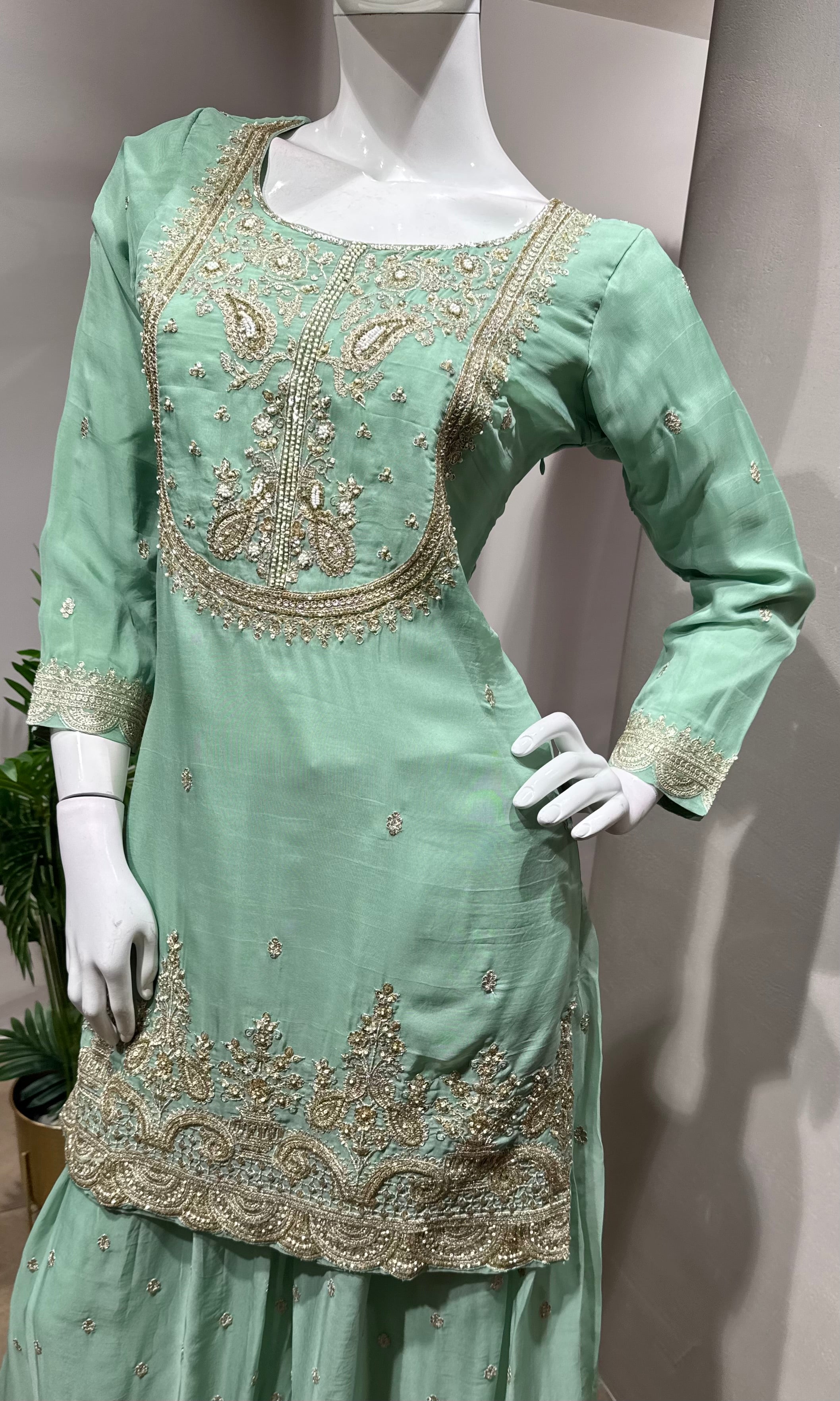 green silk embroidered sharara set