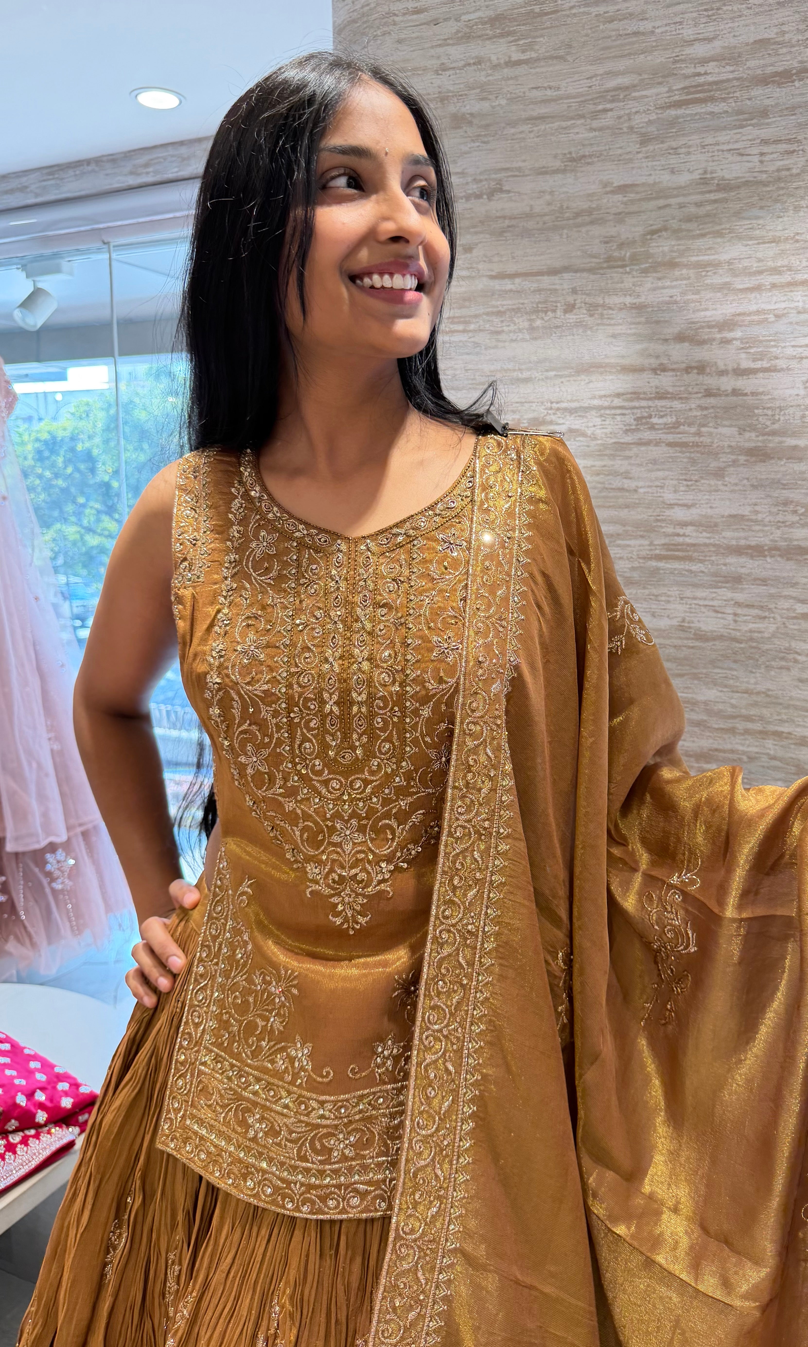 Brown Gold Heavy Embroidered Lehenga Set