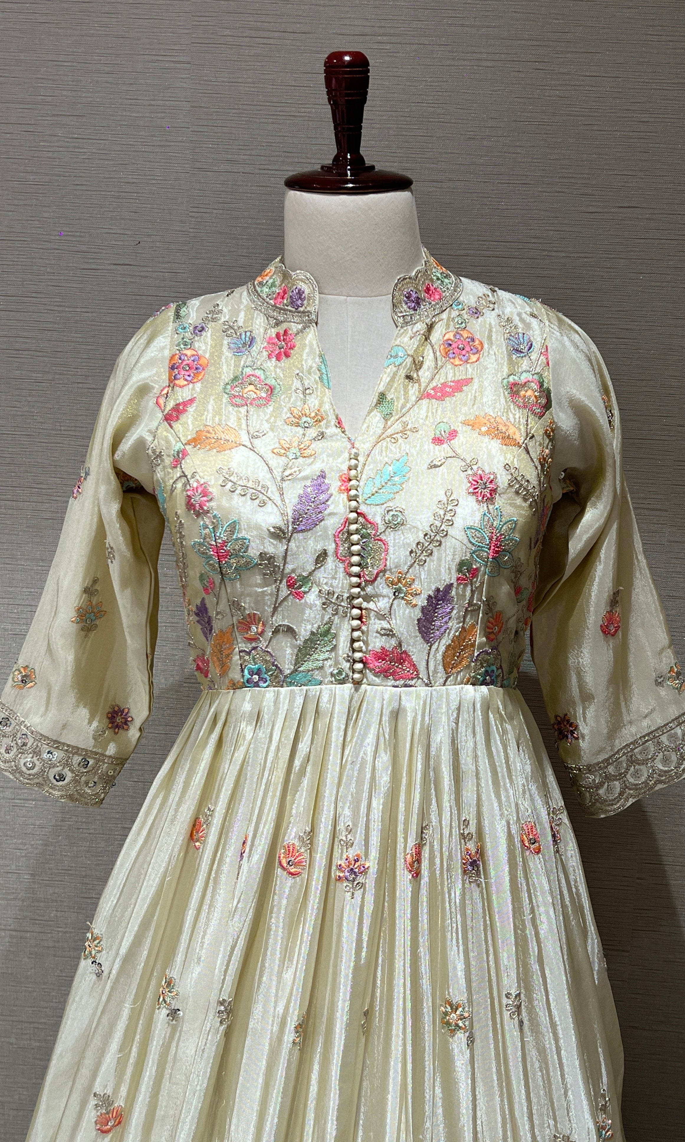 Pearl Glow Cream Anarkali Long Gown with Floral Detailing