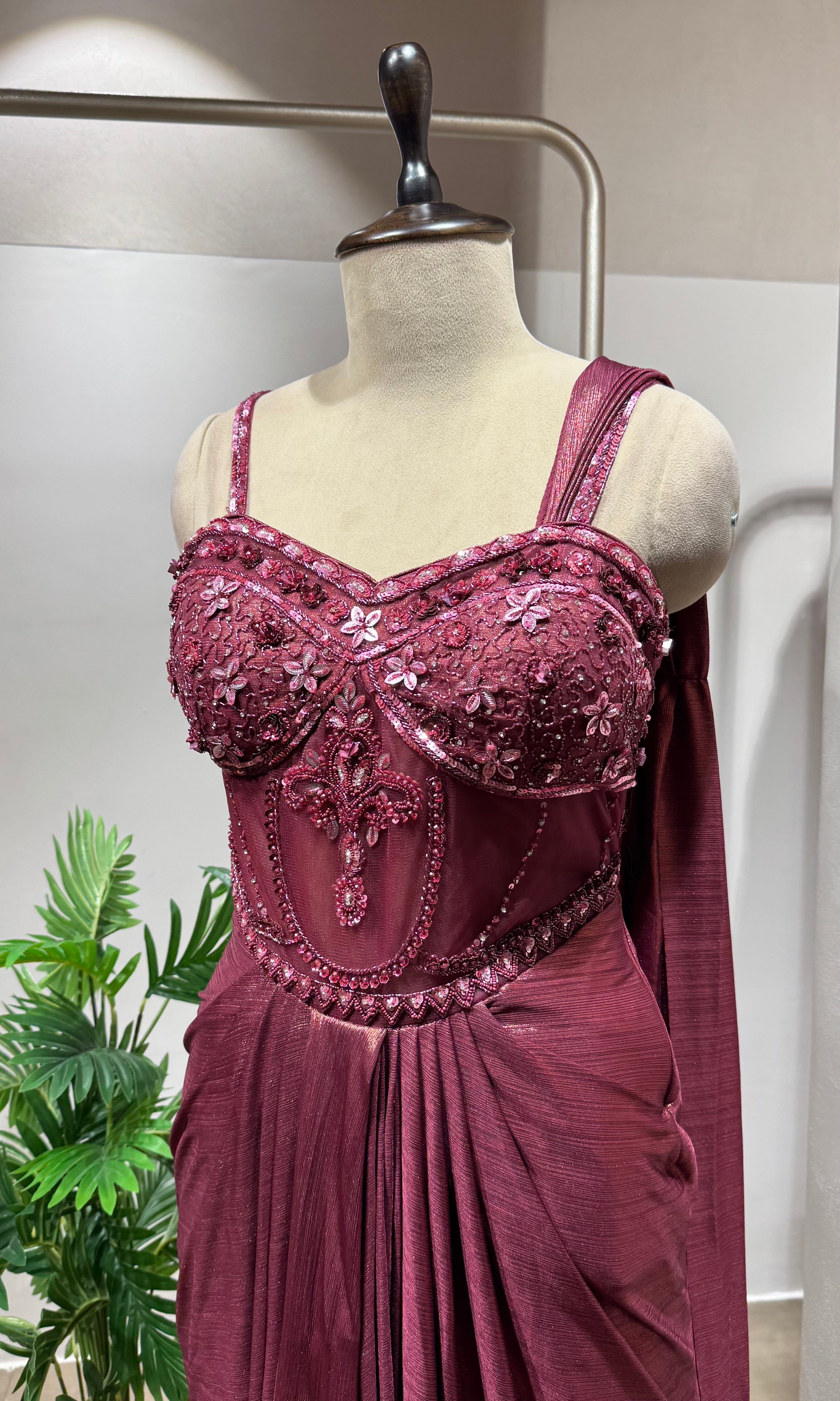 Maroon Draped Saree Embellished Gown