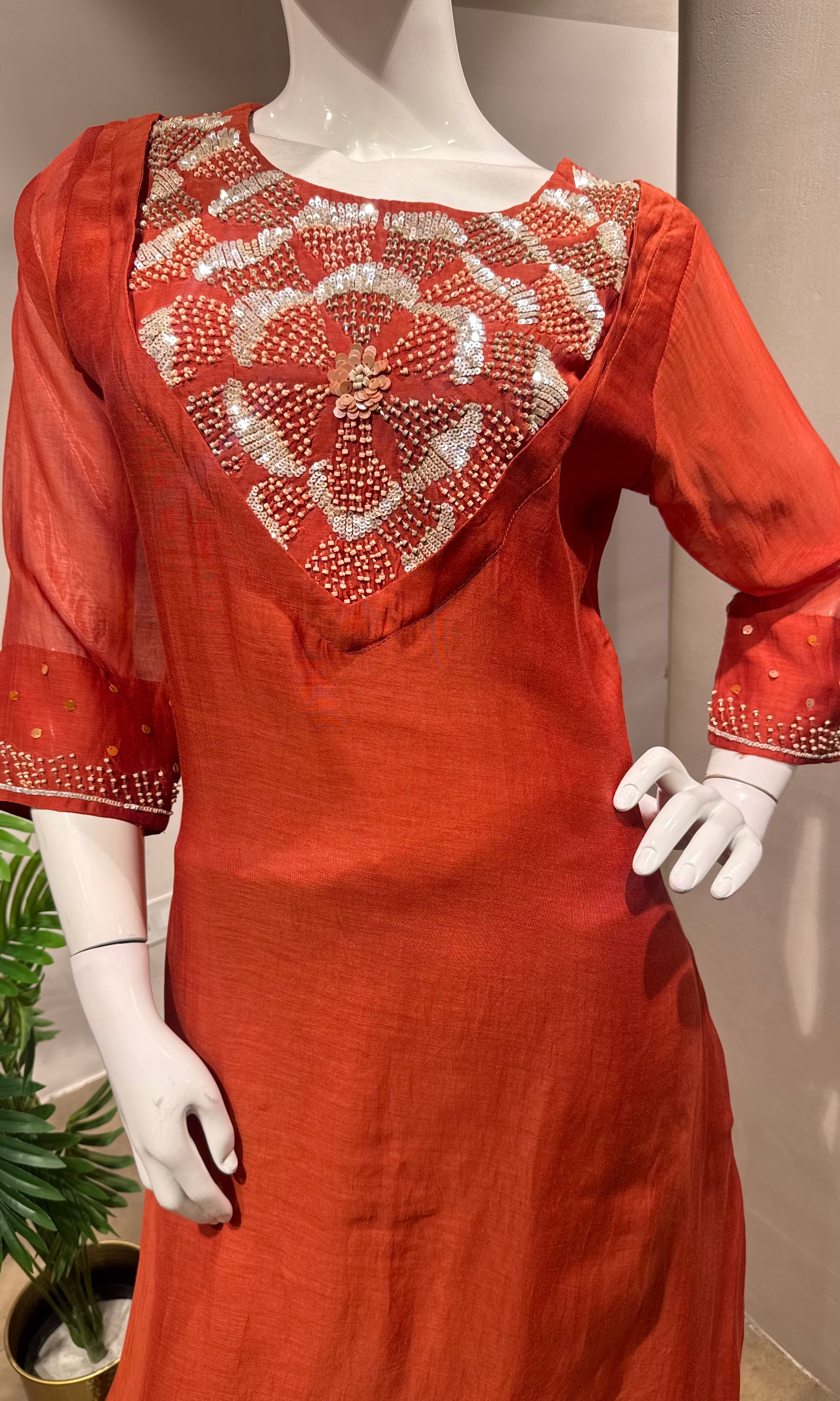 Rust Orange Mul Chanderi Kurta Set