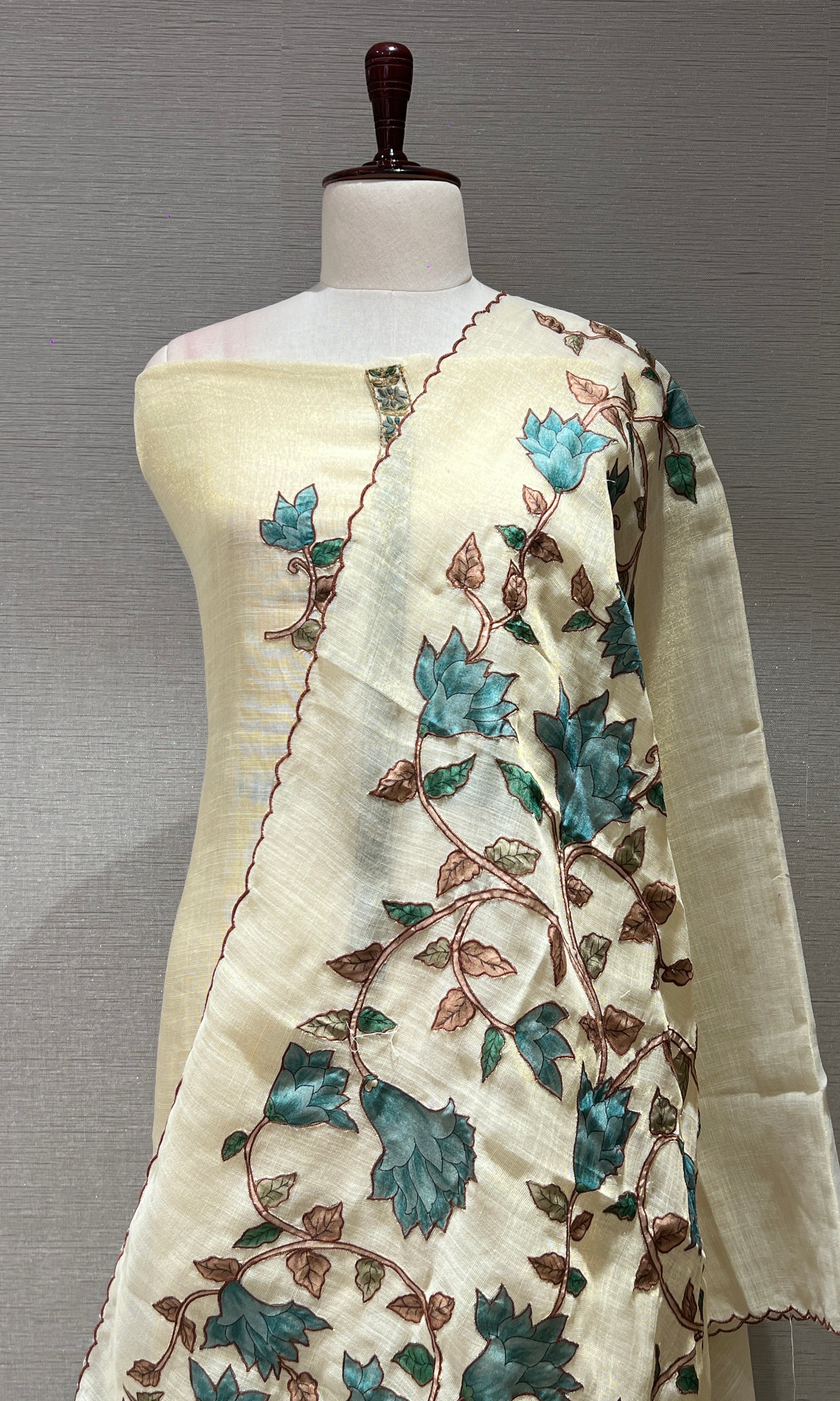 BEIGH DRESS MATERIAL WITH FLORAL DUPATTA