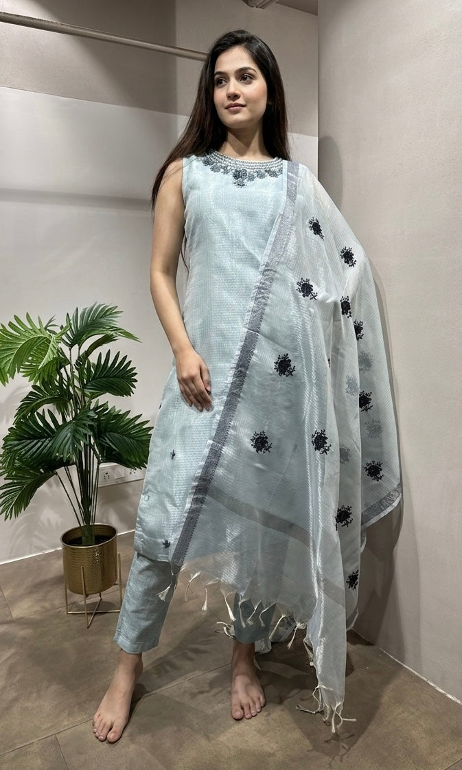 Sea Blue Kota Doria Embroidered KURTA Set