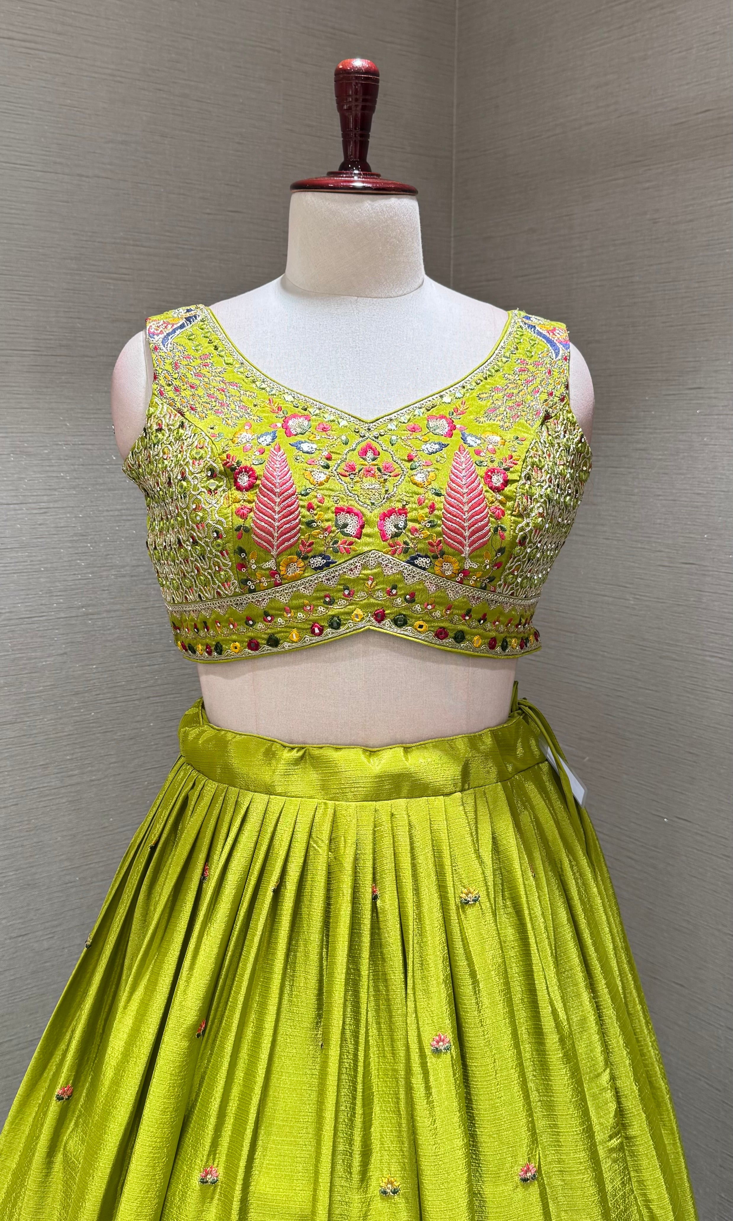 Lime Green Lehenga Choli Set with Pink Accents