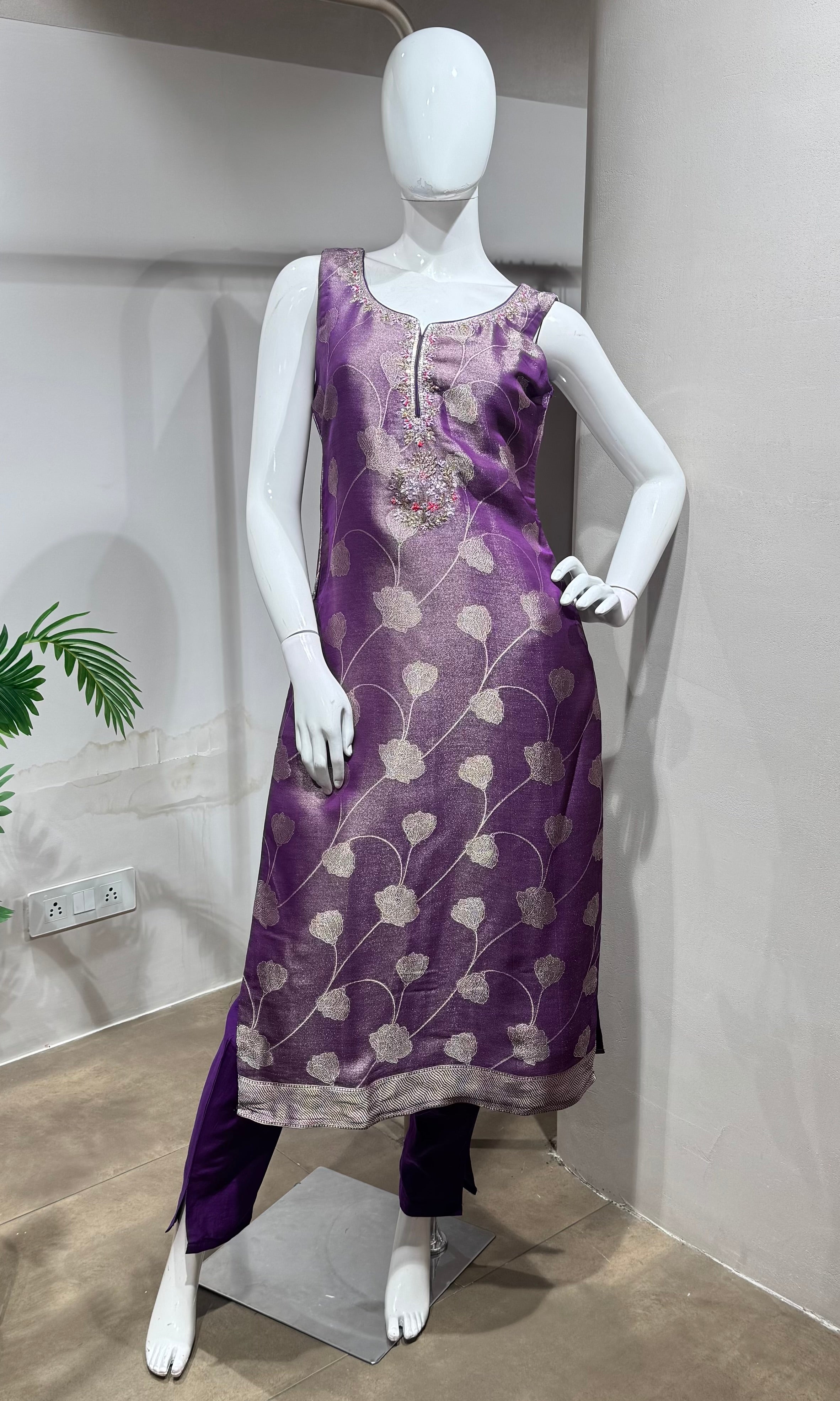 purple and gold Banarasi ethnic kurta set
