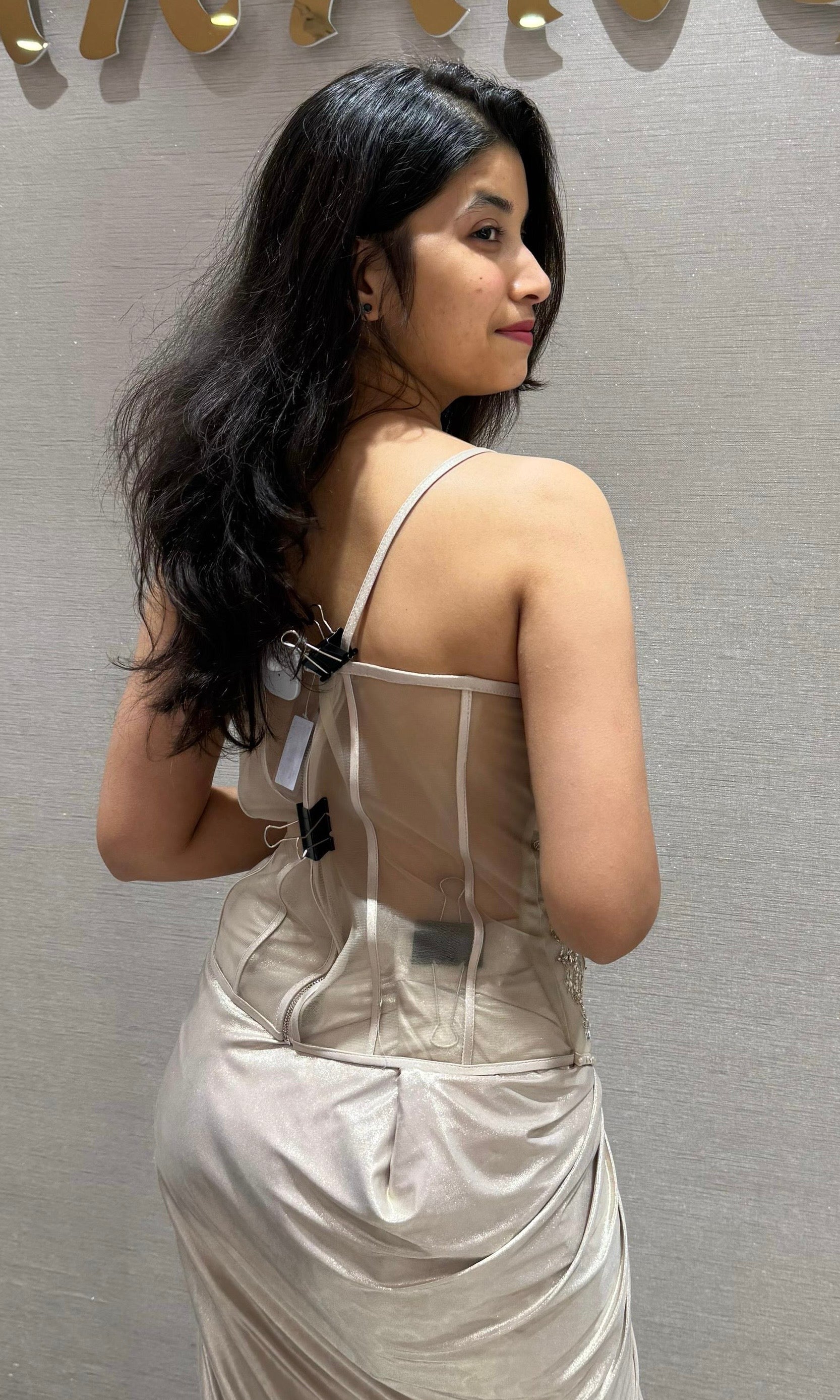 Cream gold corset blouse with drape skirt Indo western outfit