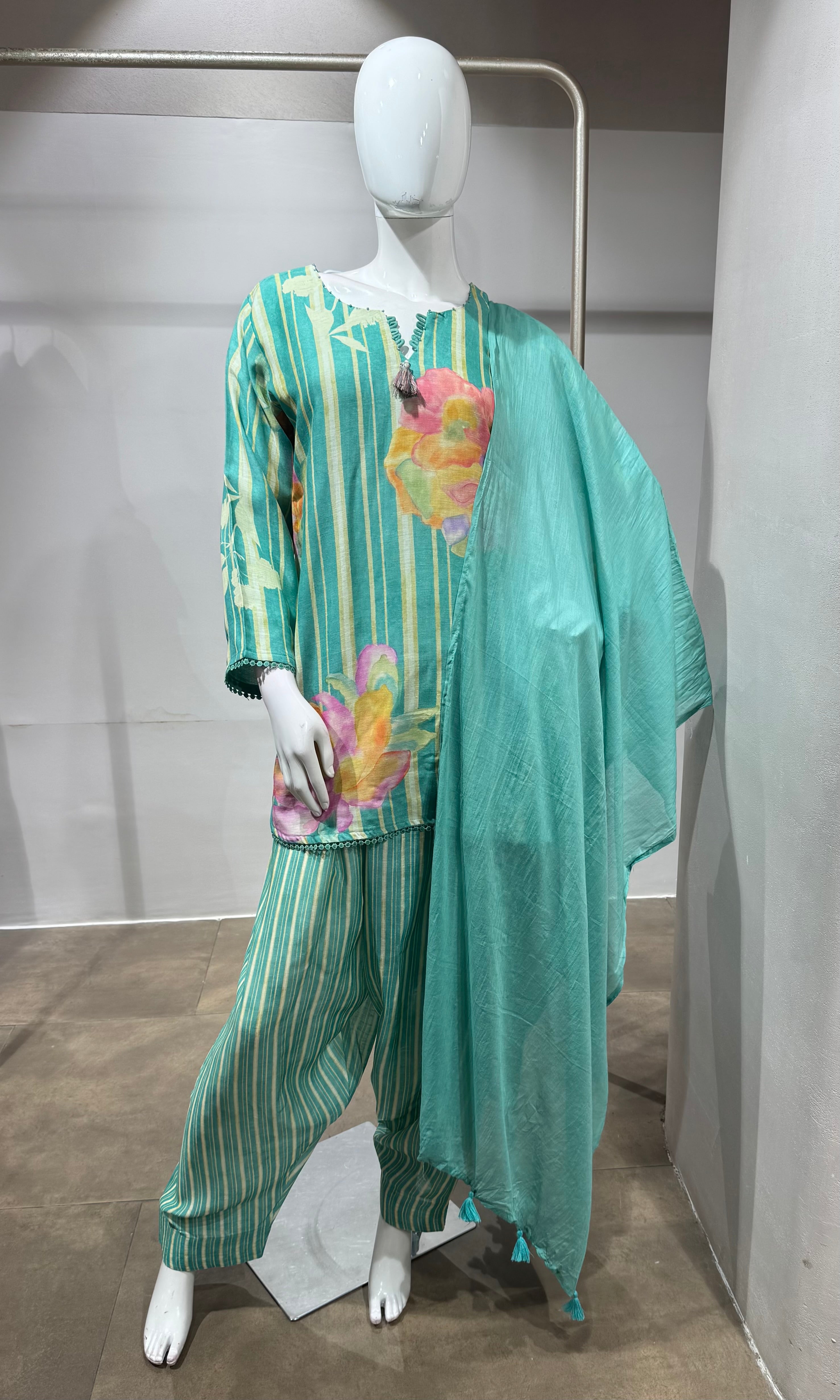 Aqua Green Floral Printed Farsi salwar