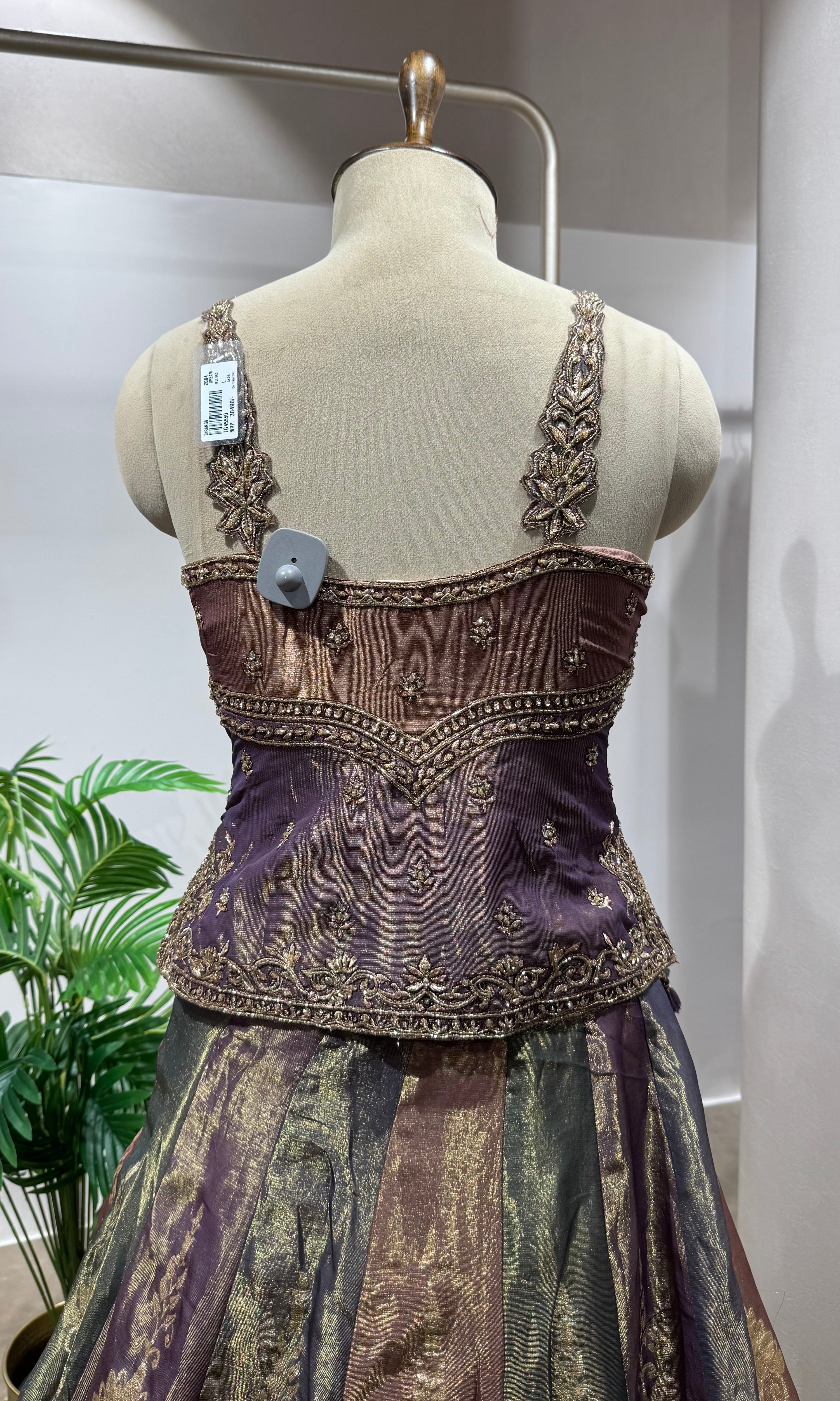 purple and gold embroidered lehenga