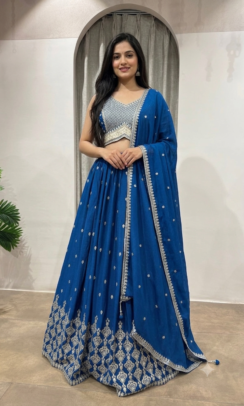 Teal Blue Georgette Lehenga with Silver Embroidery
