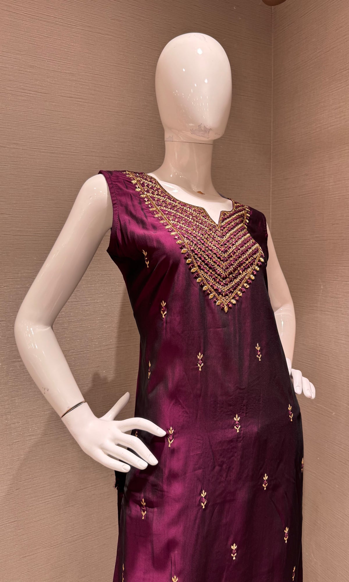 Wine Golden Silk Embroidered Kurta Set