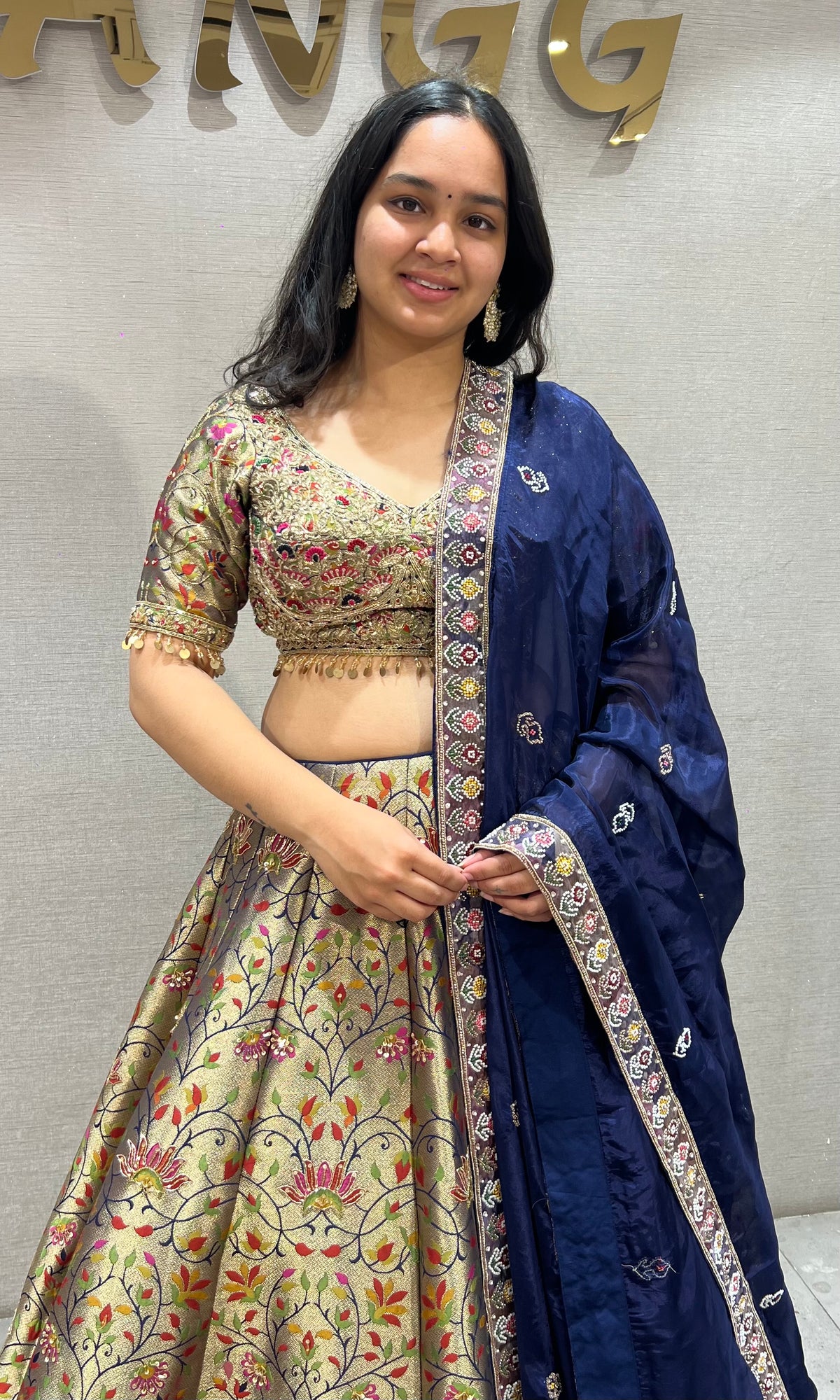 Golden Floral Banarasi Lehenga Set with Navy Blue Silk Dupatta