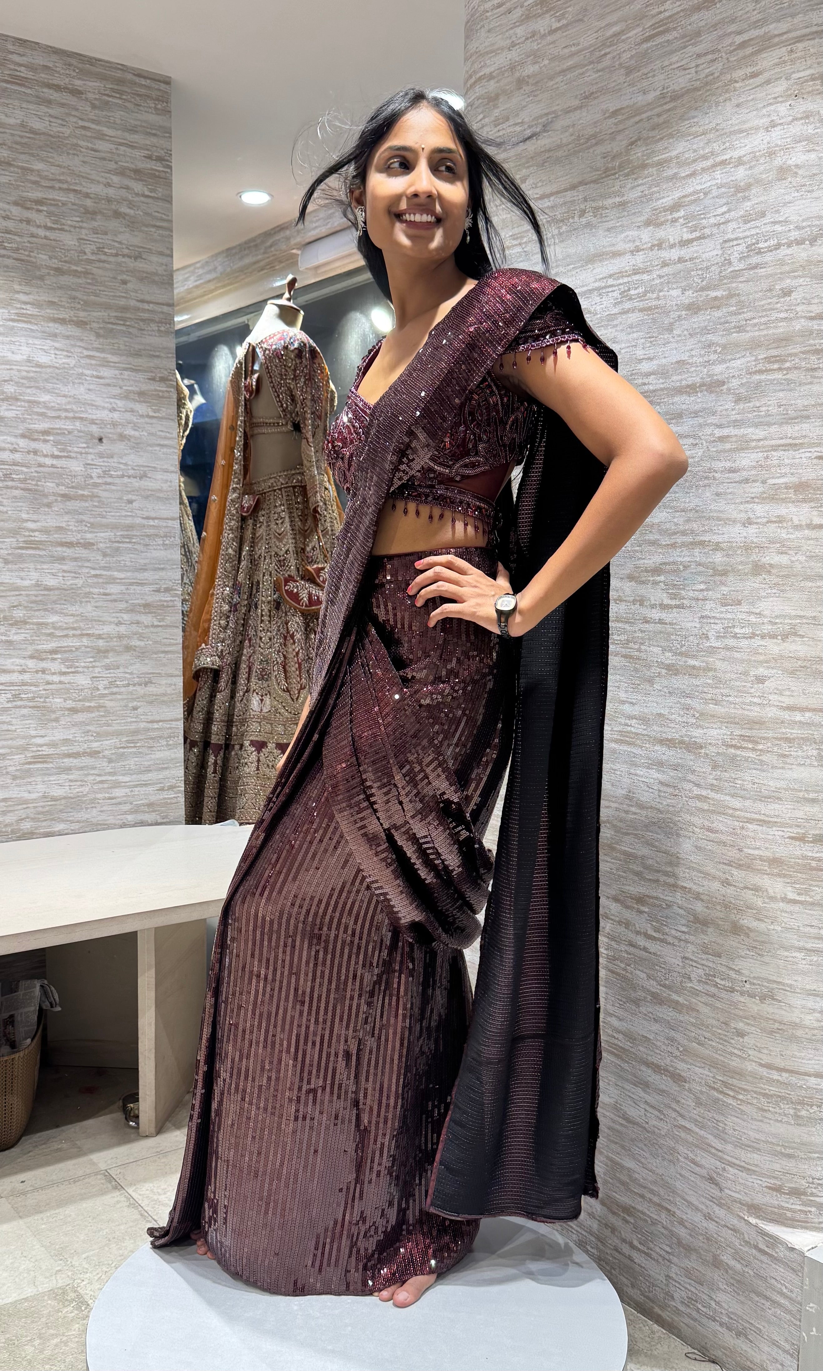 WINE ELEGANT DRAPE SAREE
