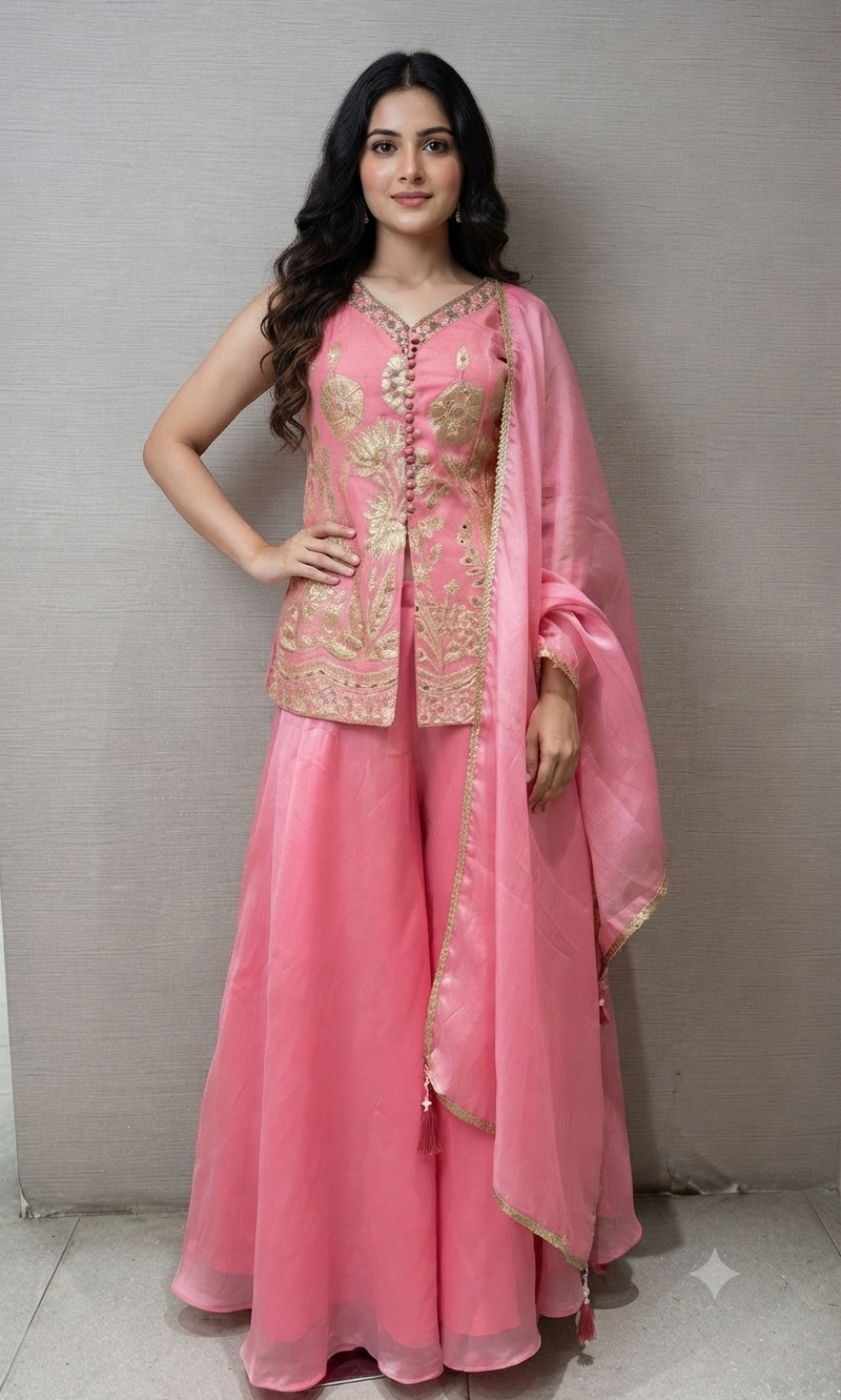 Blush Pink palazzo Set with Embroidered Short Peplum