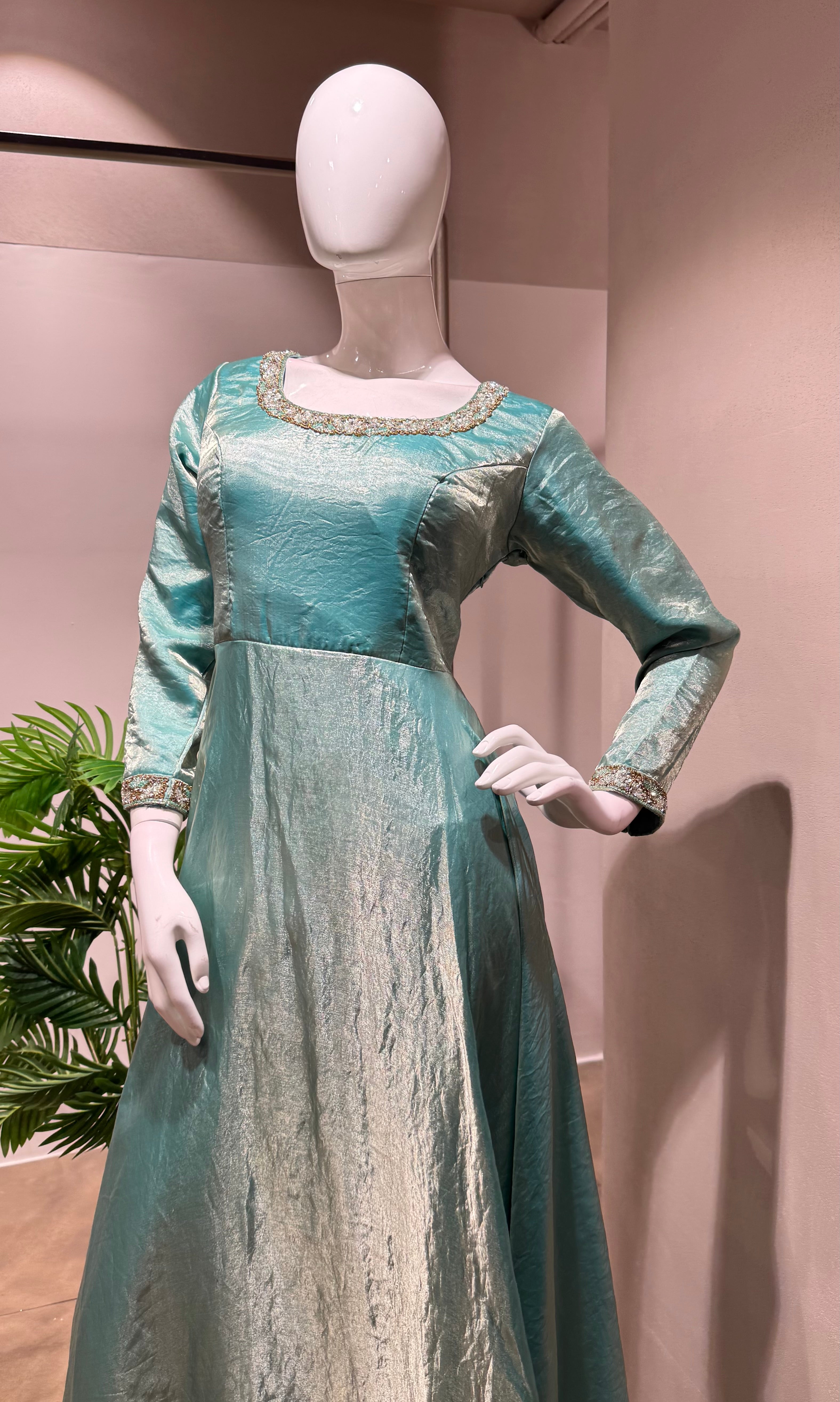 SEA GREEN TISSUE CRYSTAL WORK ANARKALI