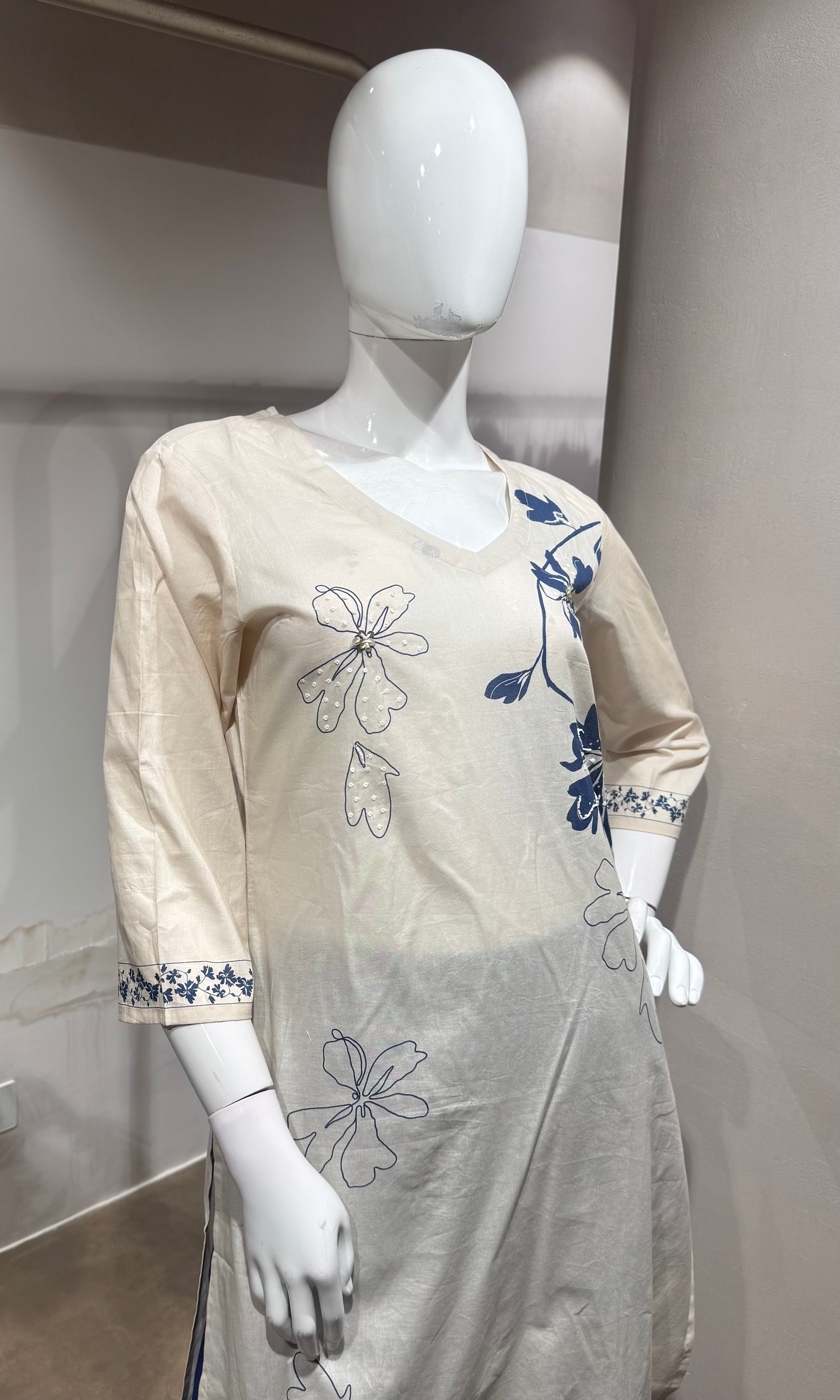 CREAM floral print straight-cut kurta set
