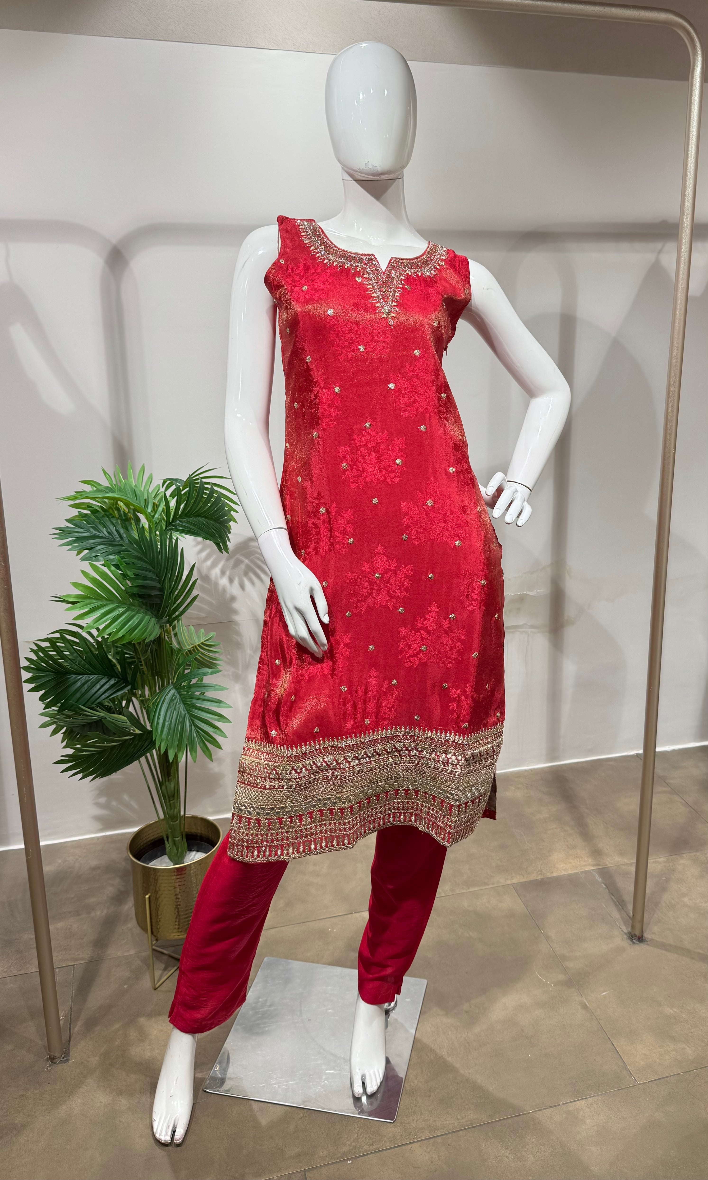 rani and gold embroidered kurta set