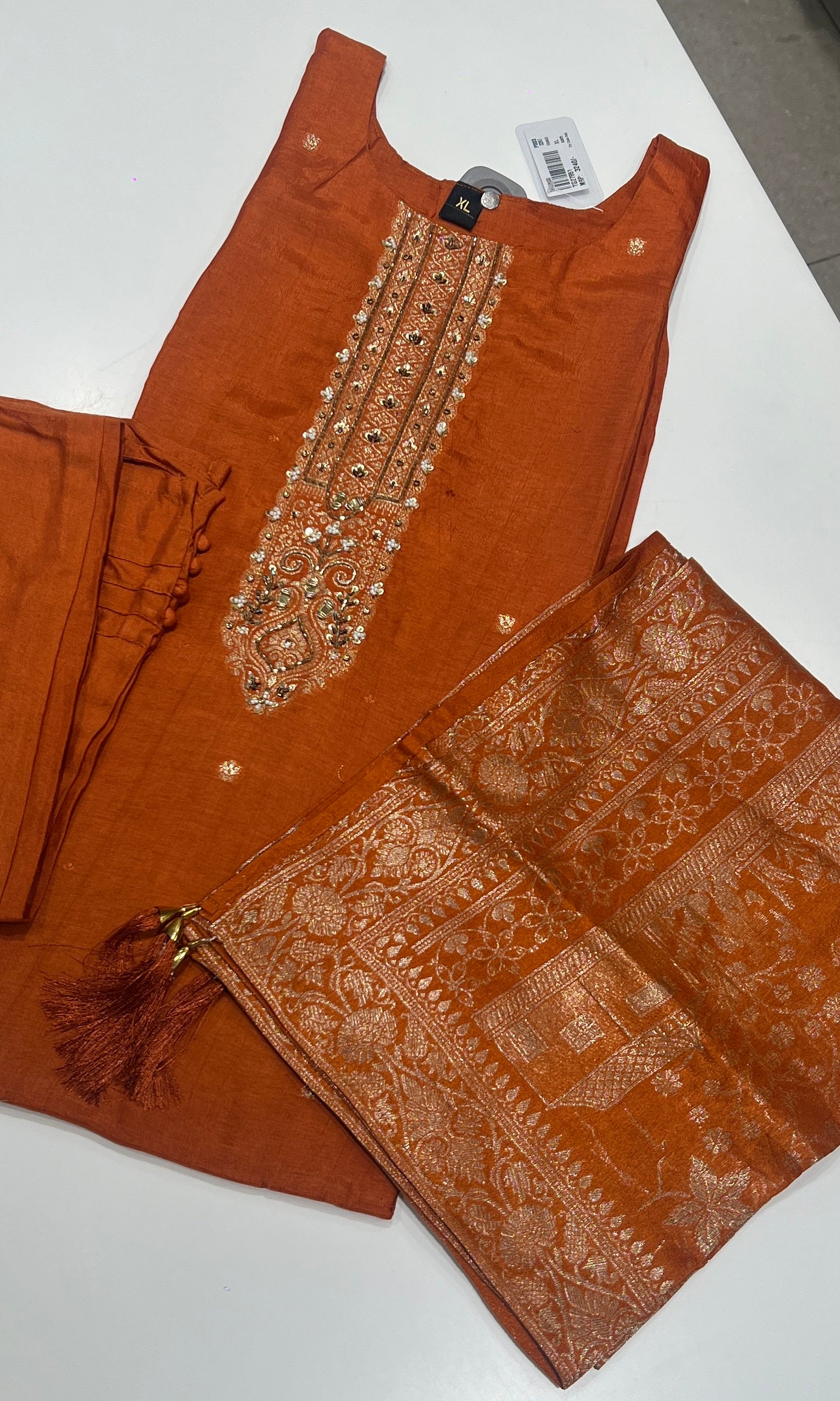 Orange kurta set with Banarasi Dupatta