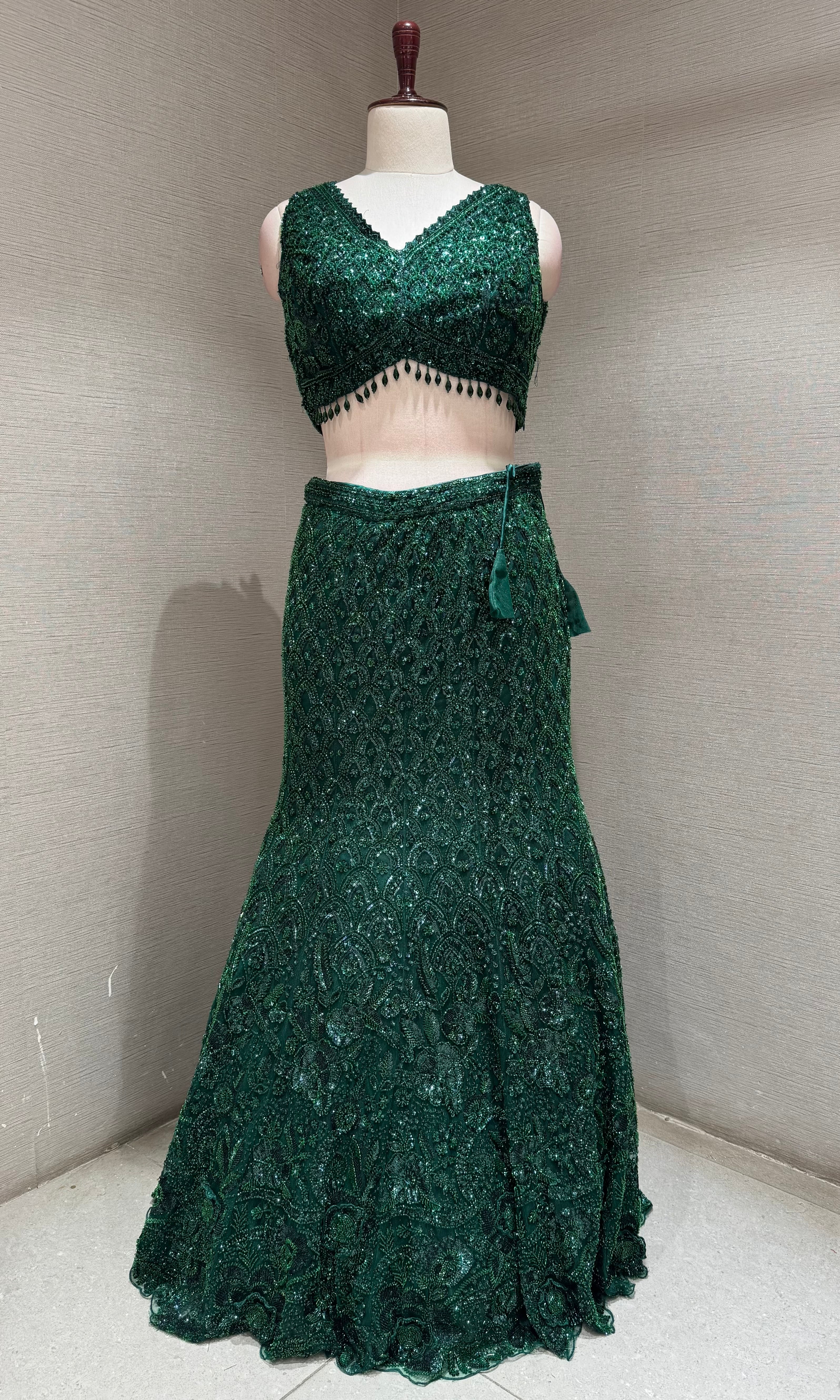 Green Fish Cut Sequined Lehenga Choli Set