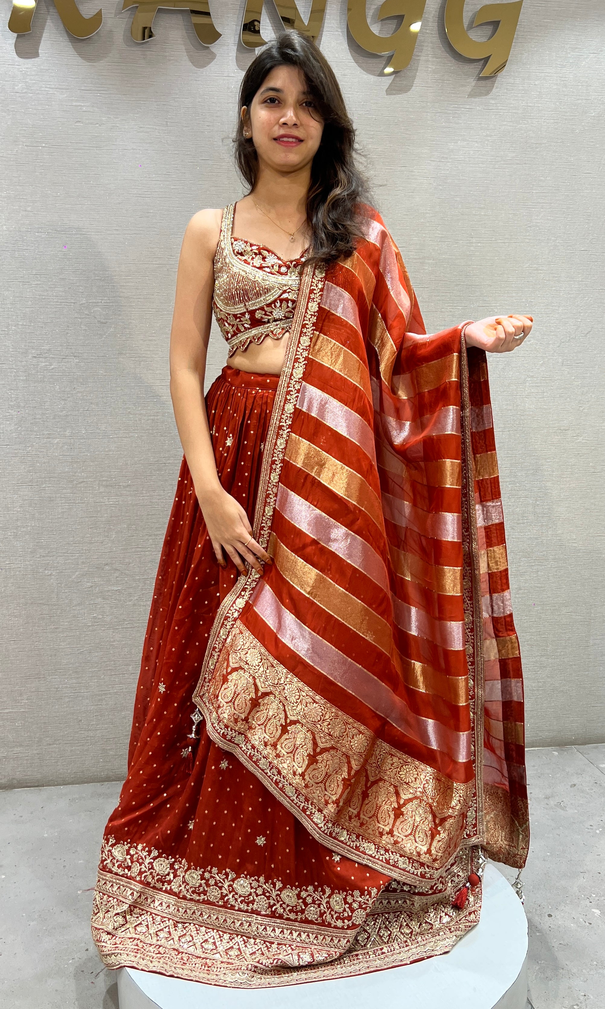 Rust golden Lehenga Set with Striped Dupatta