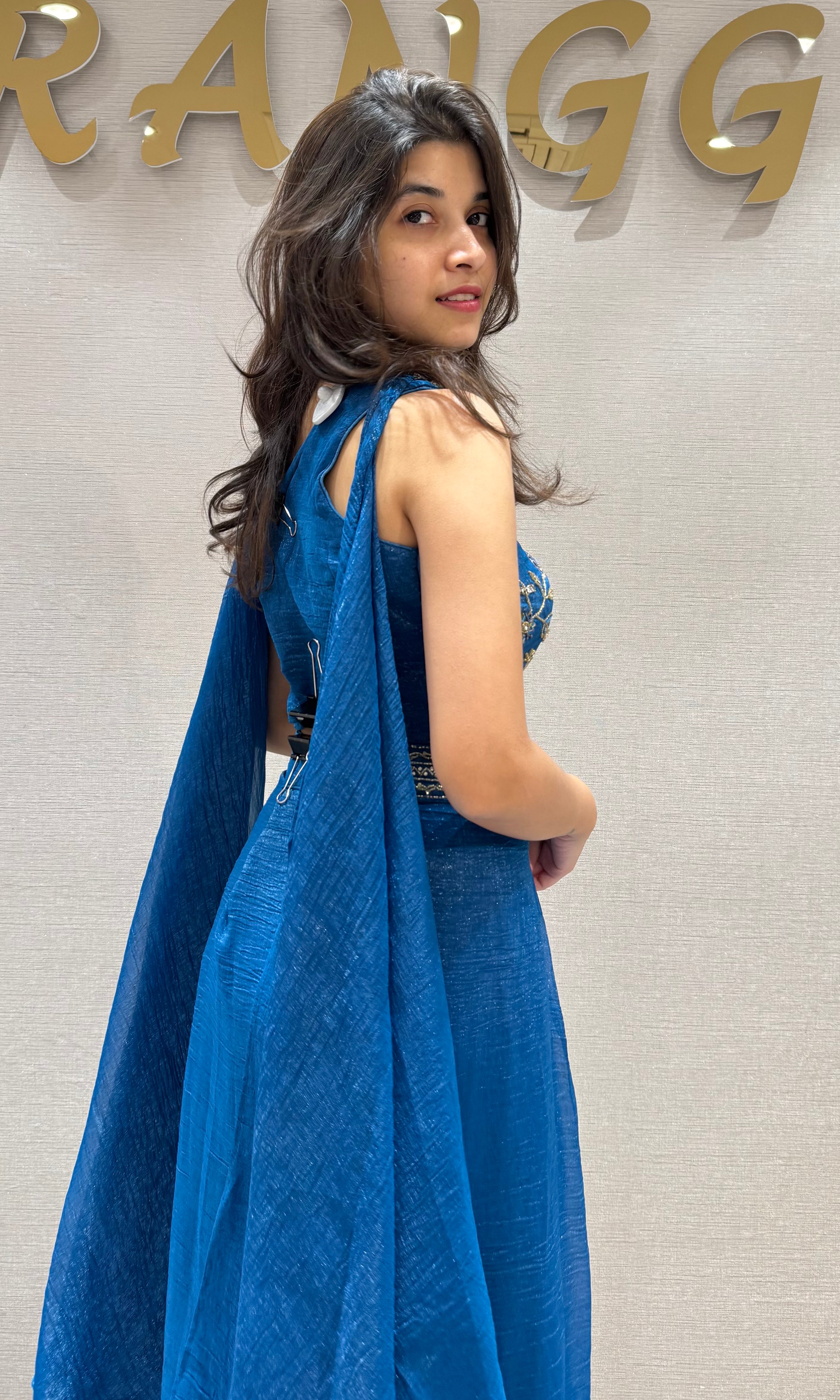 Peacock Blue Embroidered Draped Skirt