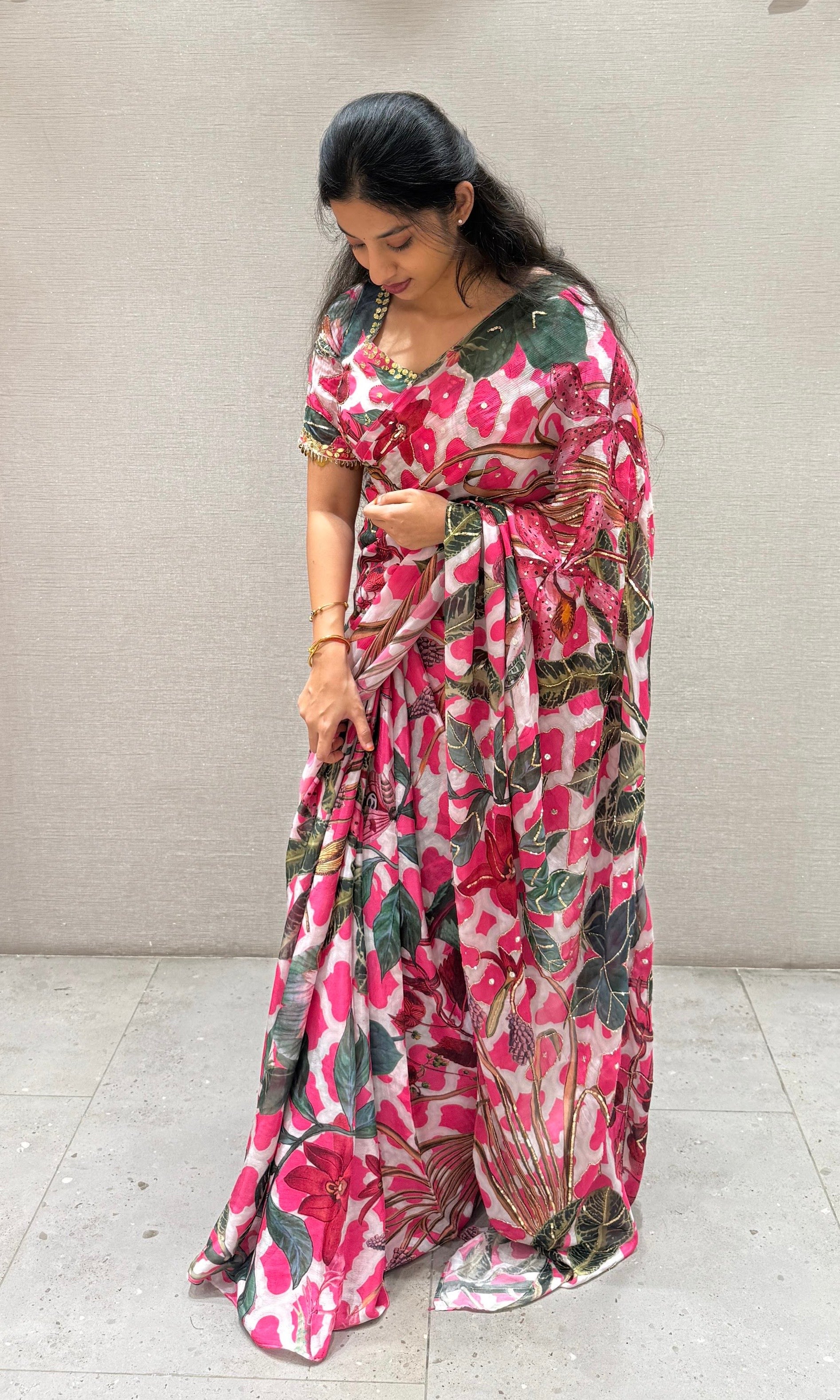 Pink saree with ready blouse
