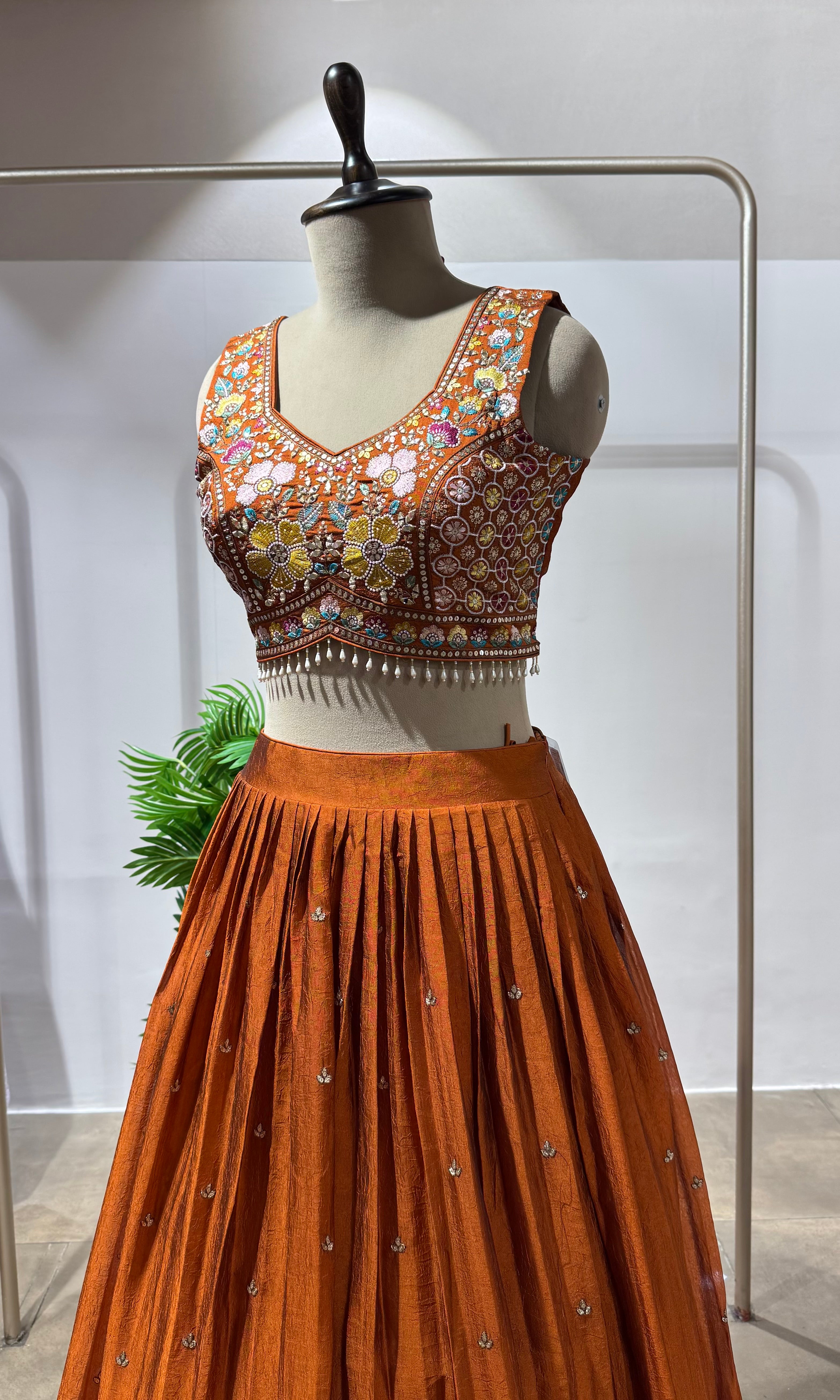 Rust FLORAL EMBROIDERED LEHENGA SET