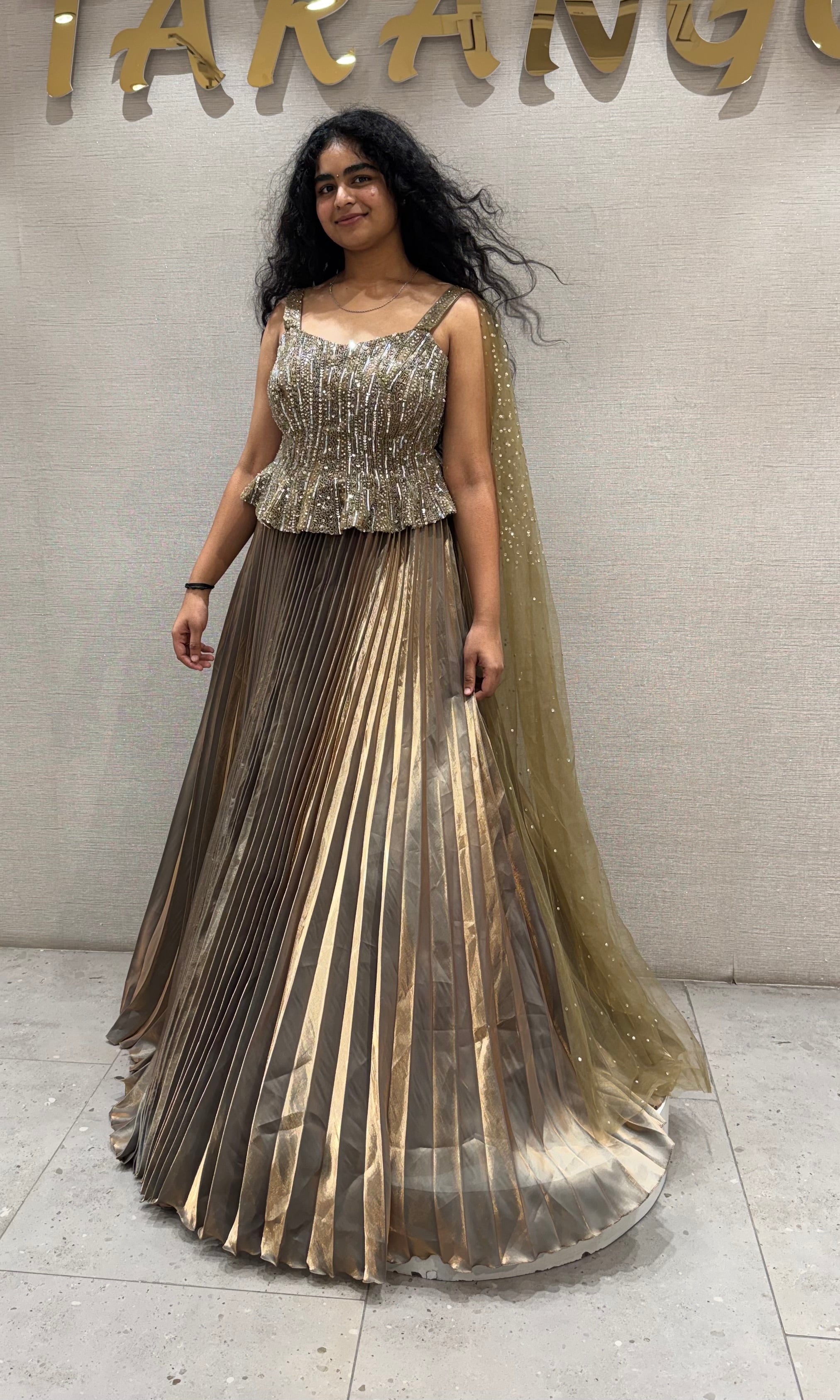 Green Golden peplum gown with cape